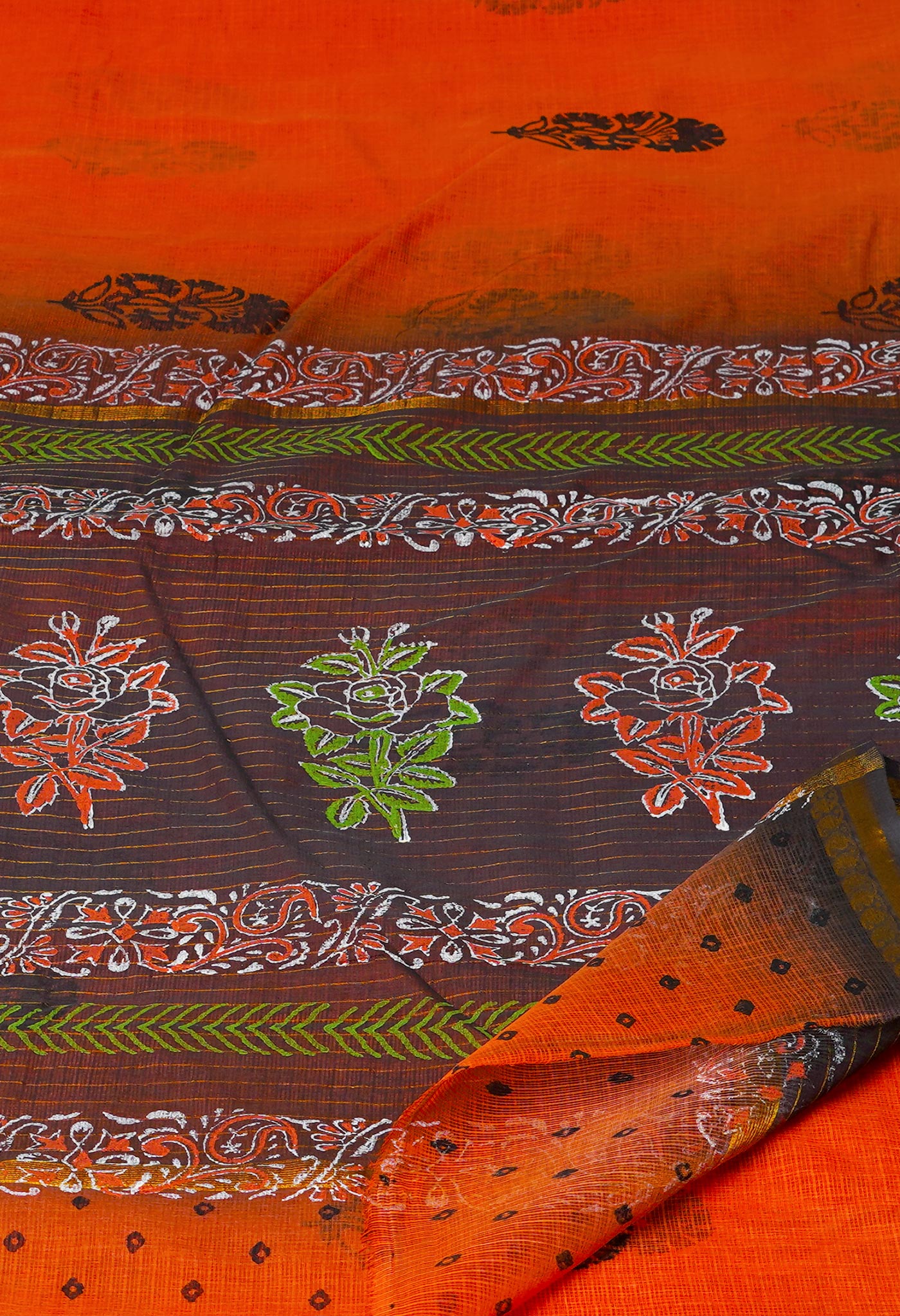 Orange Pure Block Printed Kota Cotton Saree