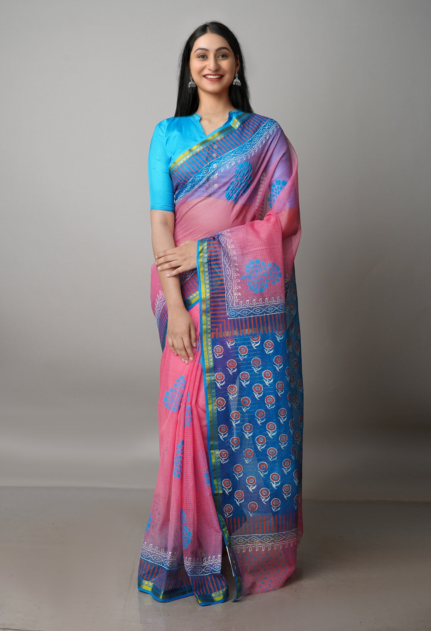 Peach Red Pure Block Printed Kota Cotton Saree-UNM69956