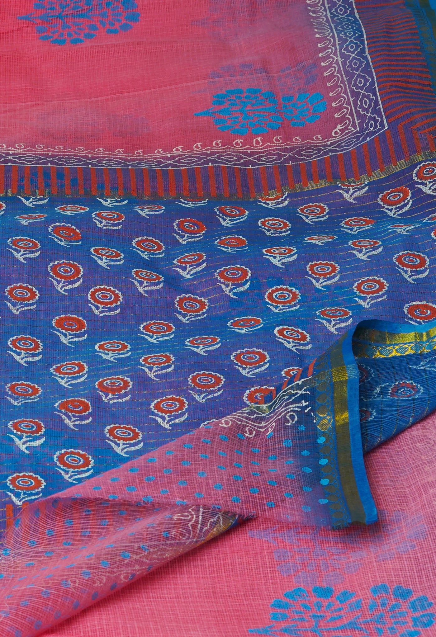 Peach Red Pure Block Printed Kota Cotton Saree-UNM69956
