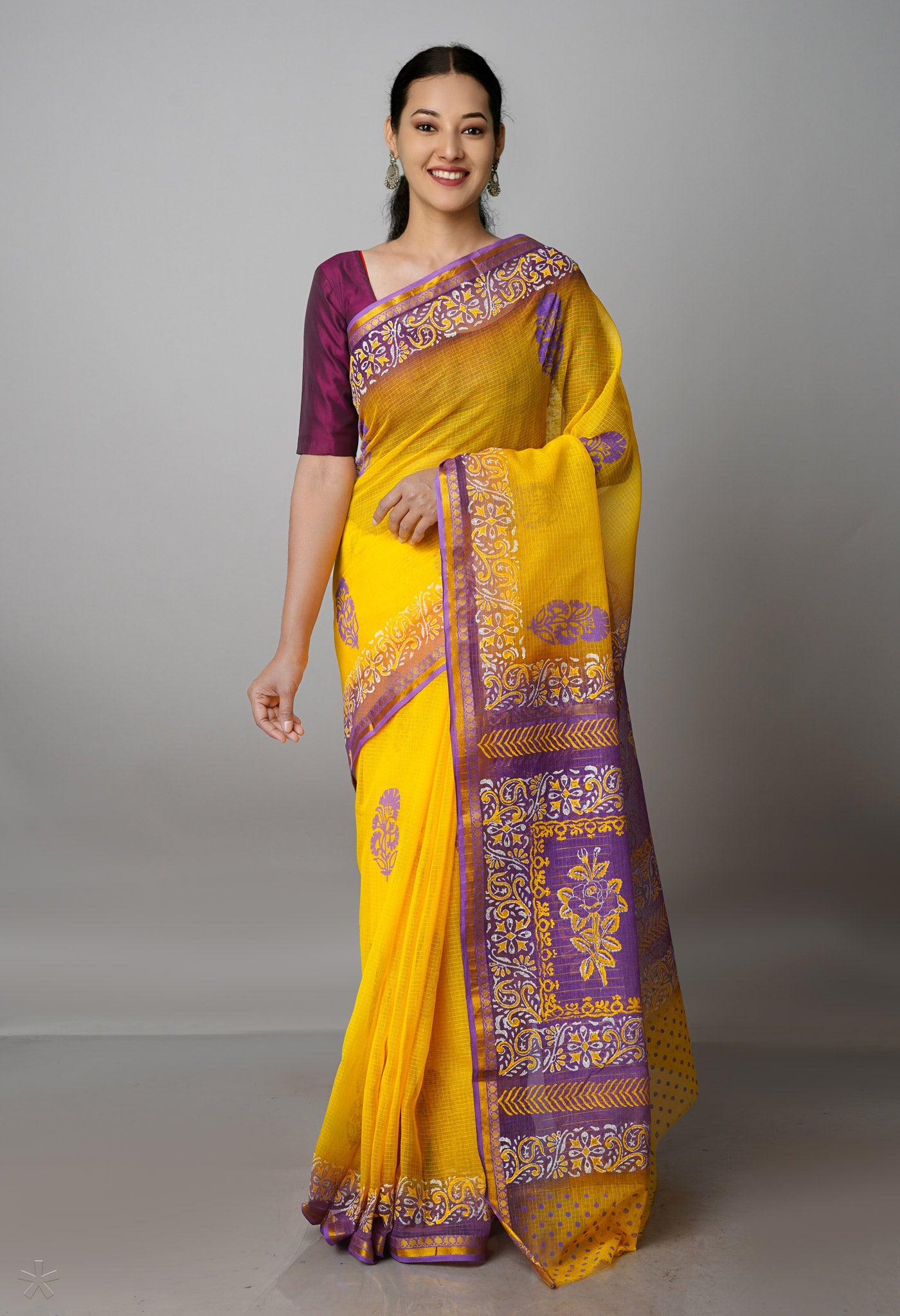 Yellow Pure Block Printed Kota Cotton Saree-UNM69960