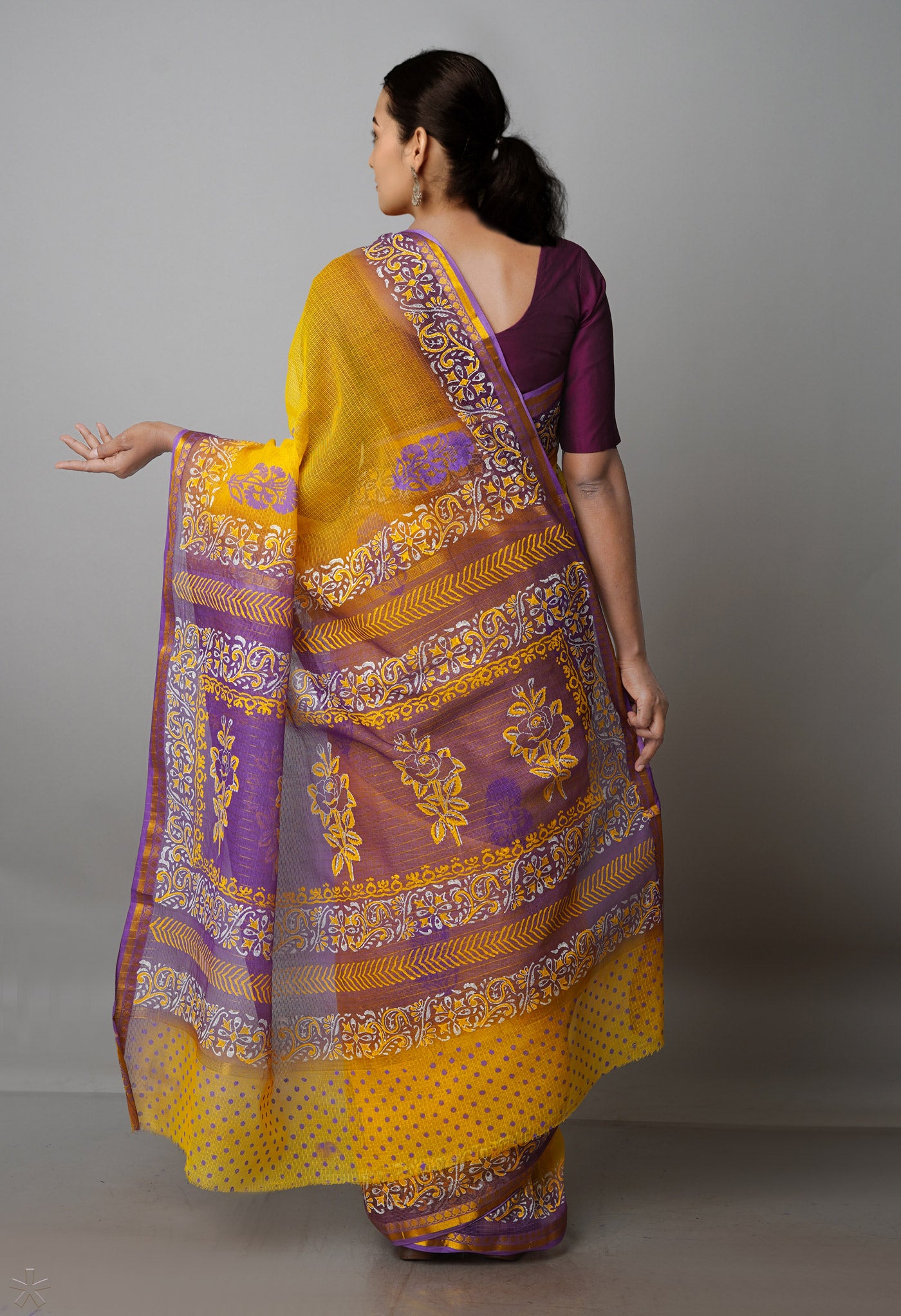 Yellow Pure Block Printed Kota Cotton Saree-UNM69960