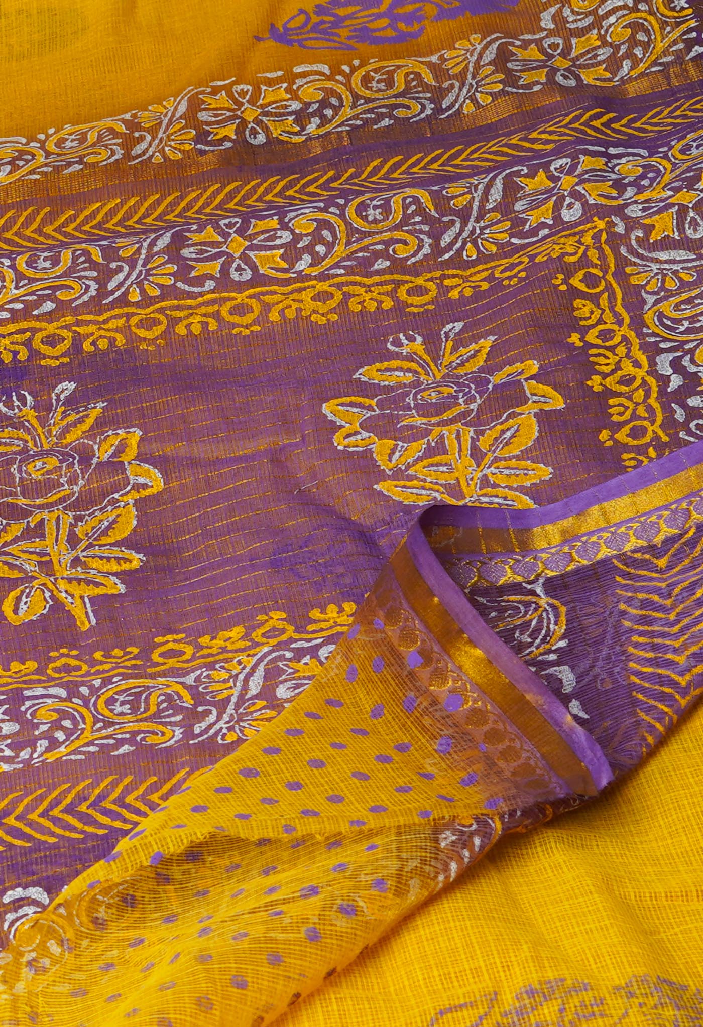 Yellow Pure Block Printed Kota Cotton Saree-UNM69960
