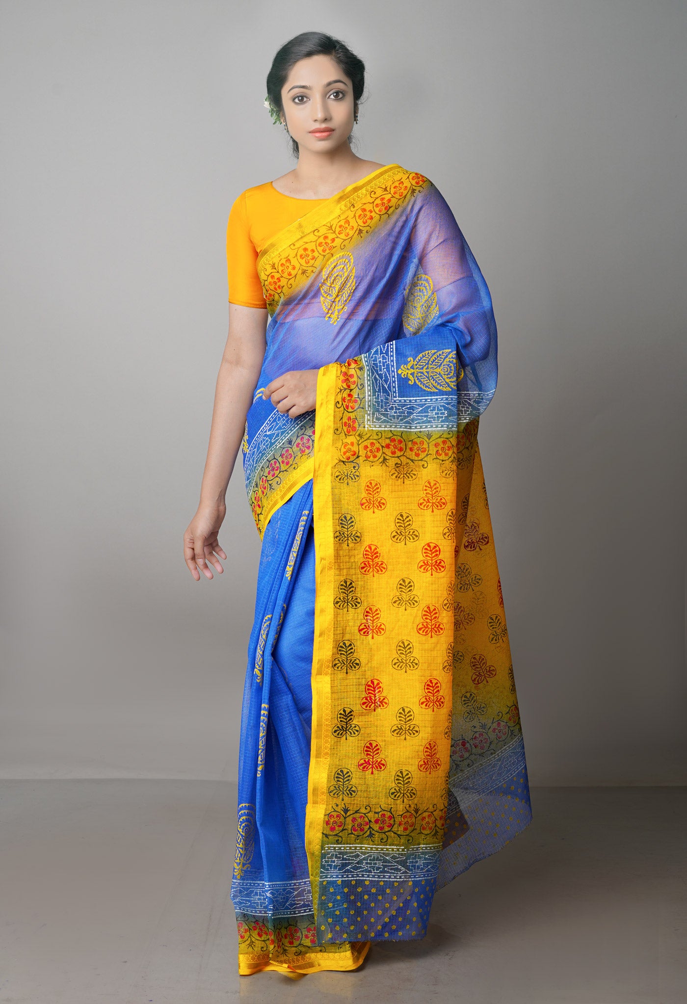 Dark Blue Pure Block Printed Kota Cotton Saree-UNM69962
