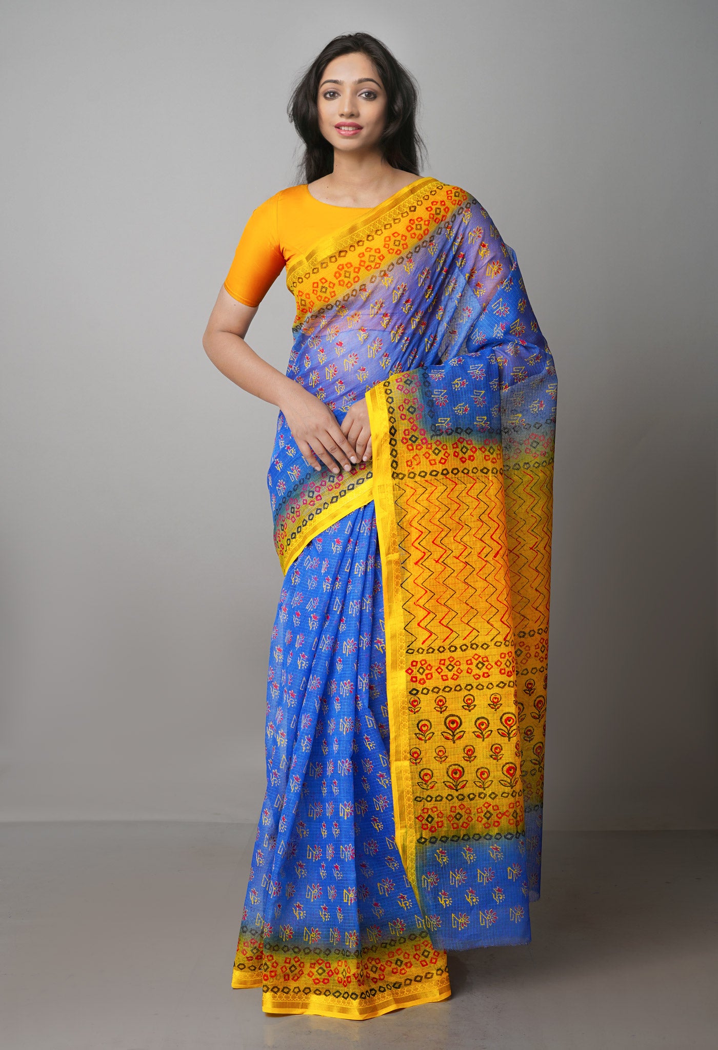 Dark Blue Pure Block Printed Kota Cotton Saree-UNM69966