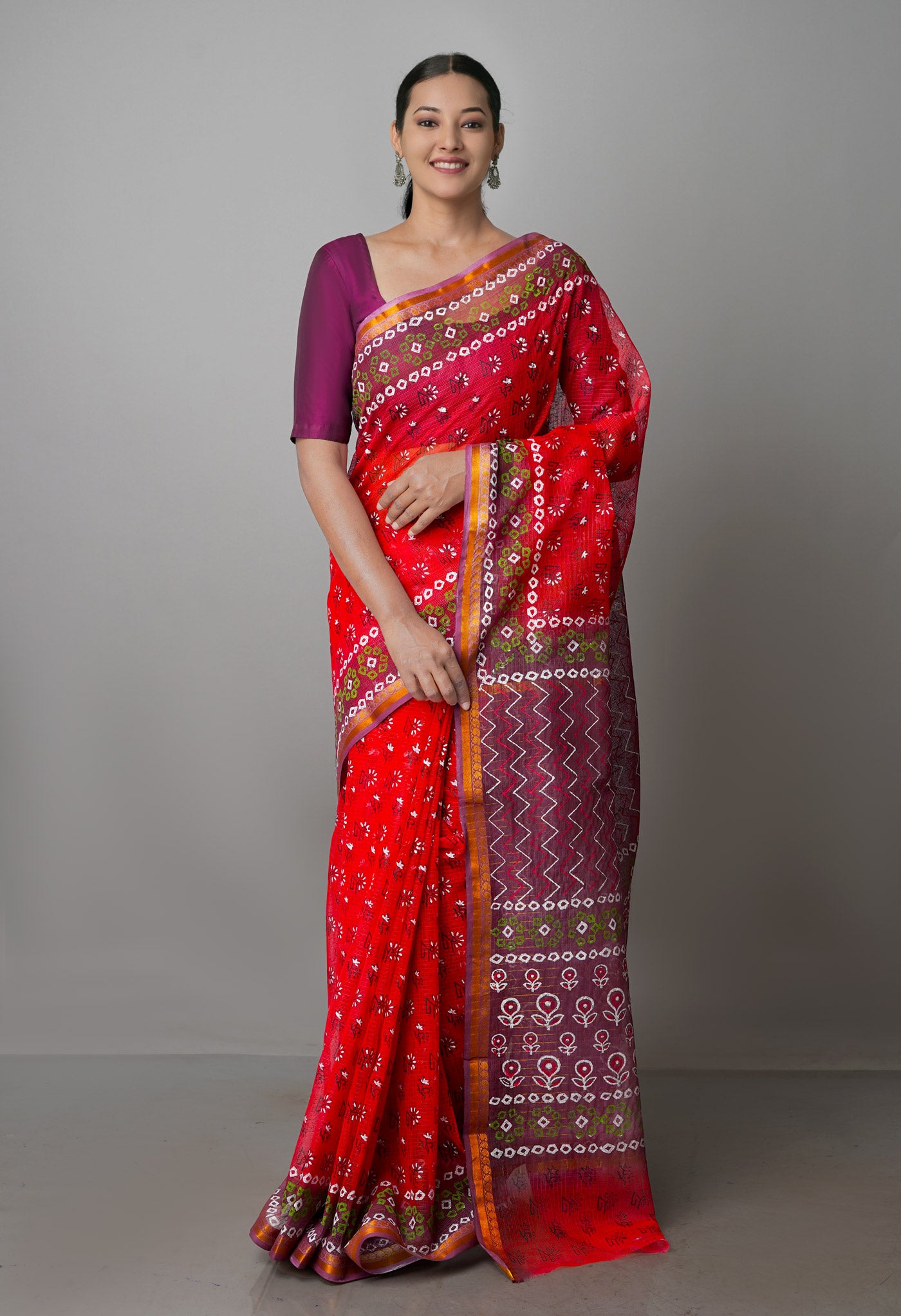 Red Pure Block Printed Kota Cotton Saree-UNM69967