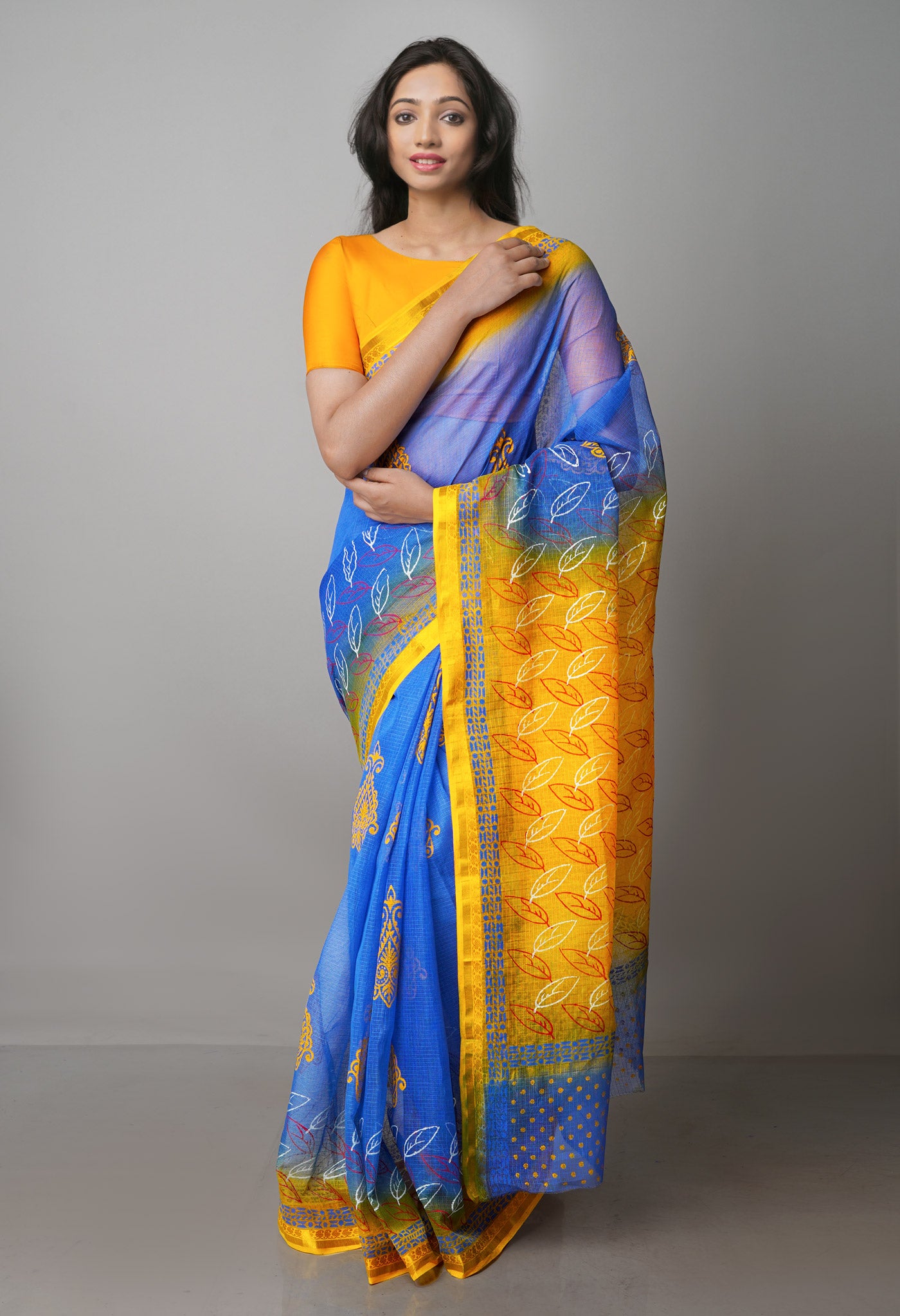 Dark Blue Pure Block Printed Kota Cotton Saree-UNM69971