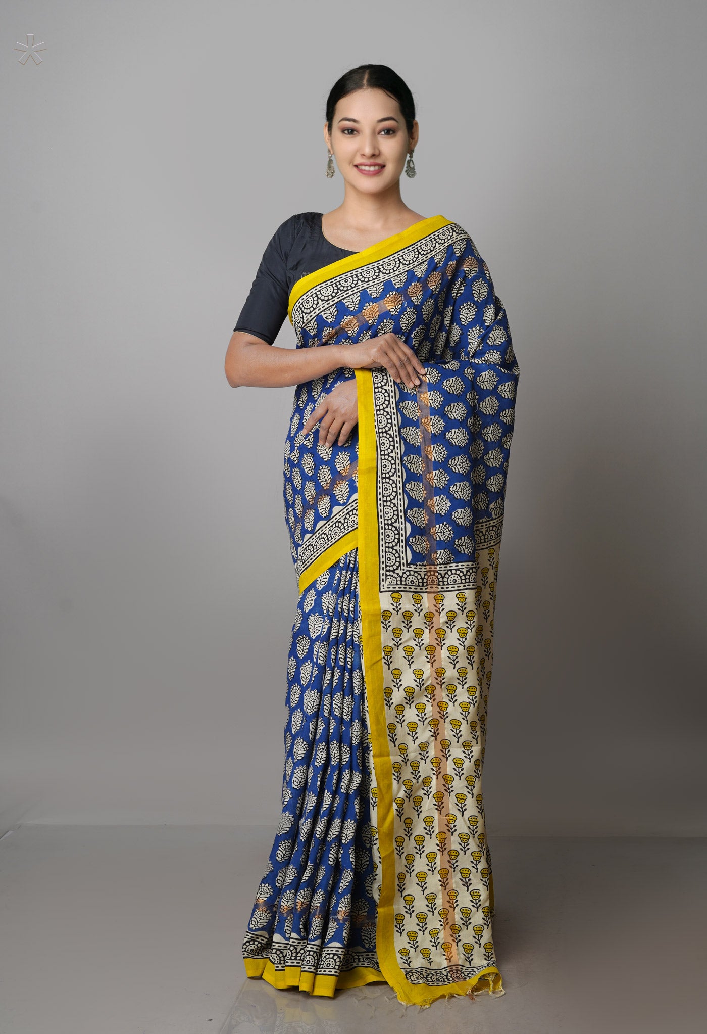 Blue-Cream Pure Preet Bagru Chanderi Sico Saree-UNM69977