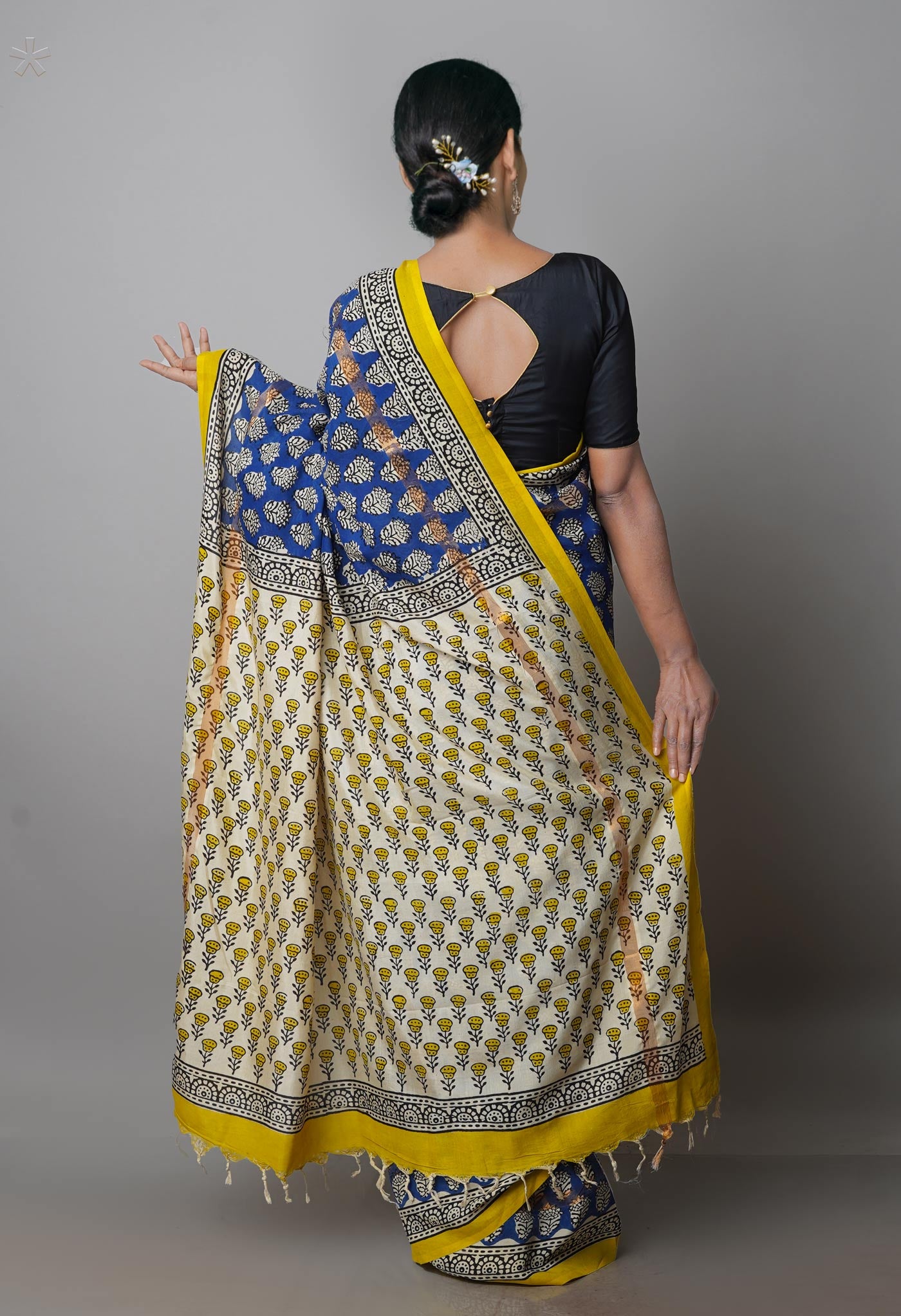 Blue-Cream Pure Preet Bagru Chanderi Sico Saree-UNM69977