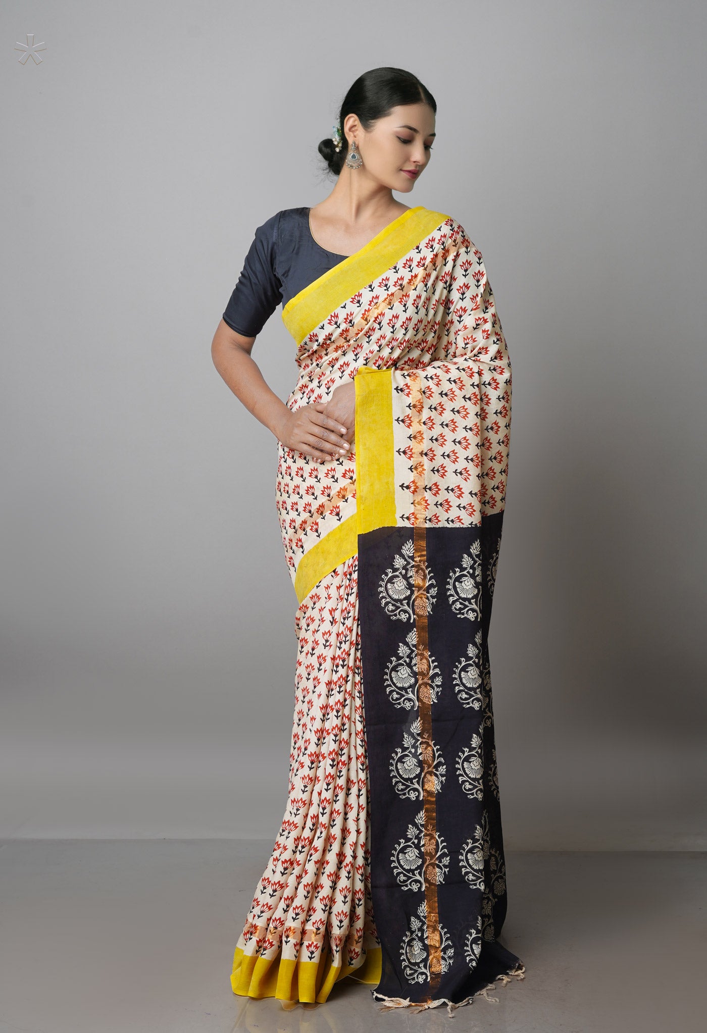 Cream-Red Pure Preet Bagru Chanderi Sico Saree-UNM69982