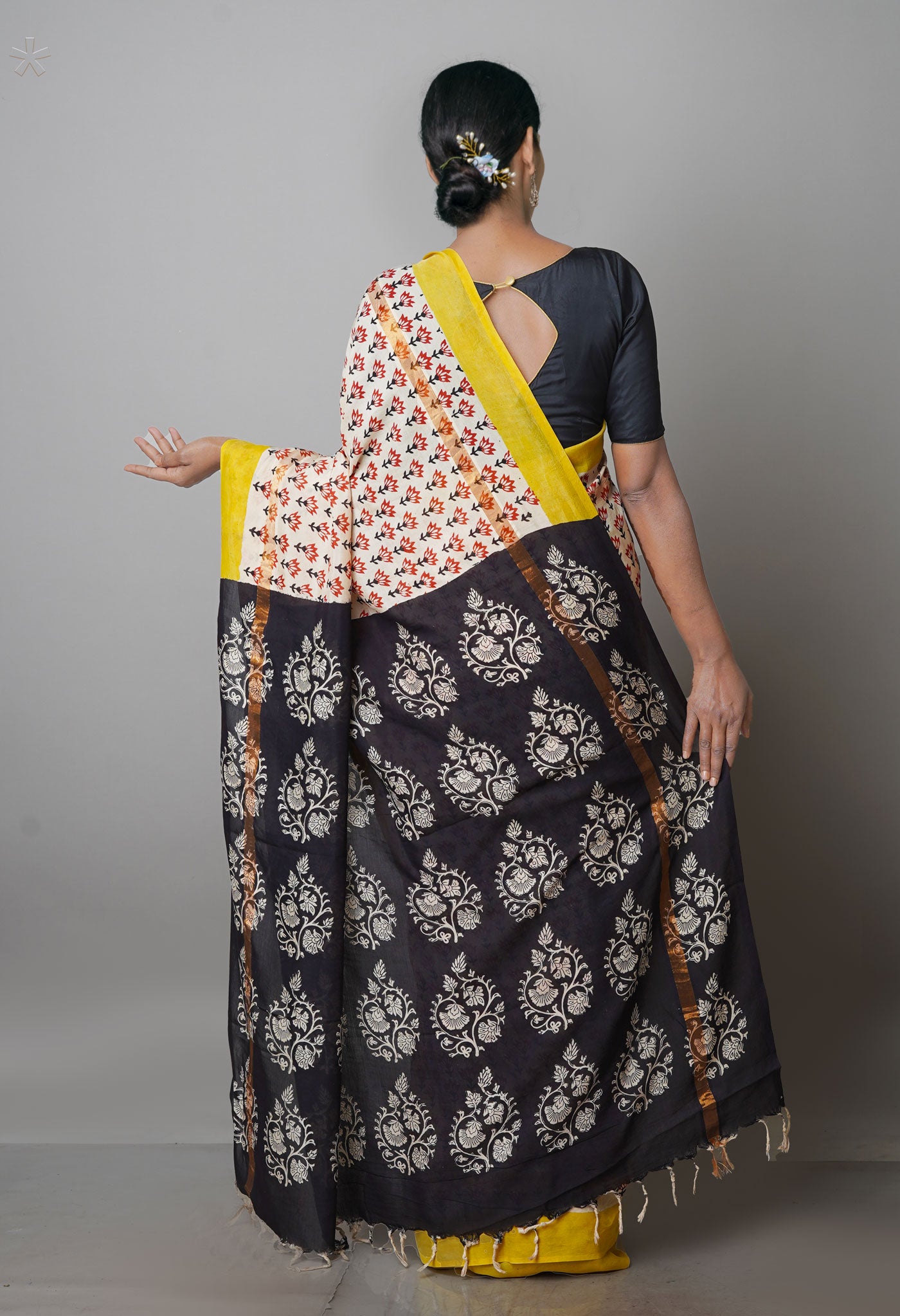 Cream-Red Pure Preet Bagru Chanderi Sico Saree-UNM69982