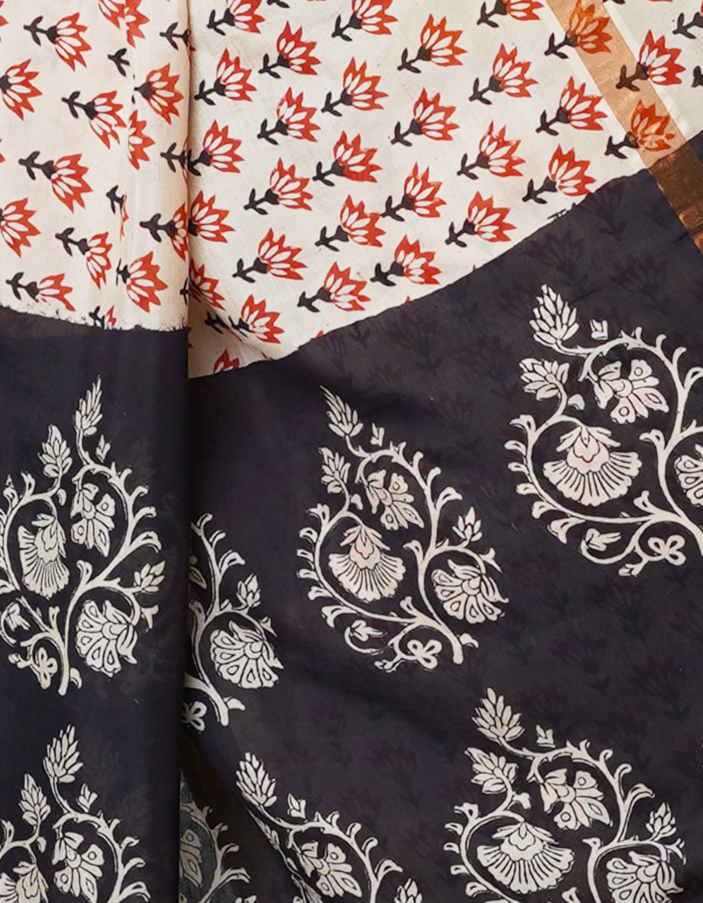 Cream-Red Pure Preet Bagru Chanderi Sico Saree-UNM69982