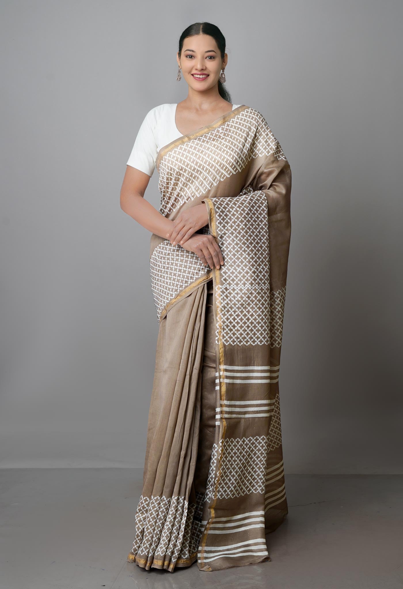 Pale Brown Pure Block Printed Chanderi Sico Saree-UNM69987