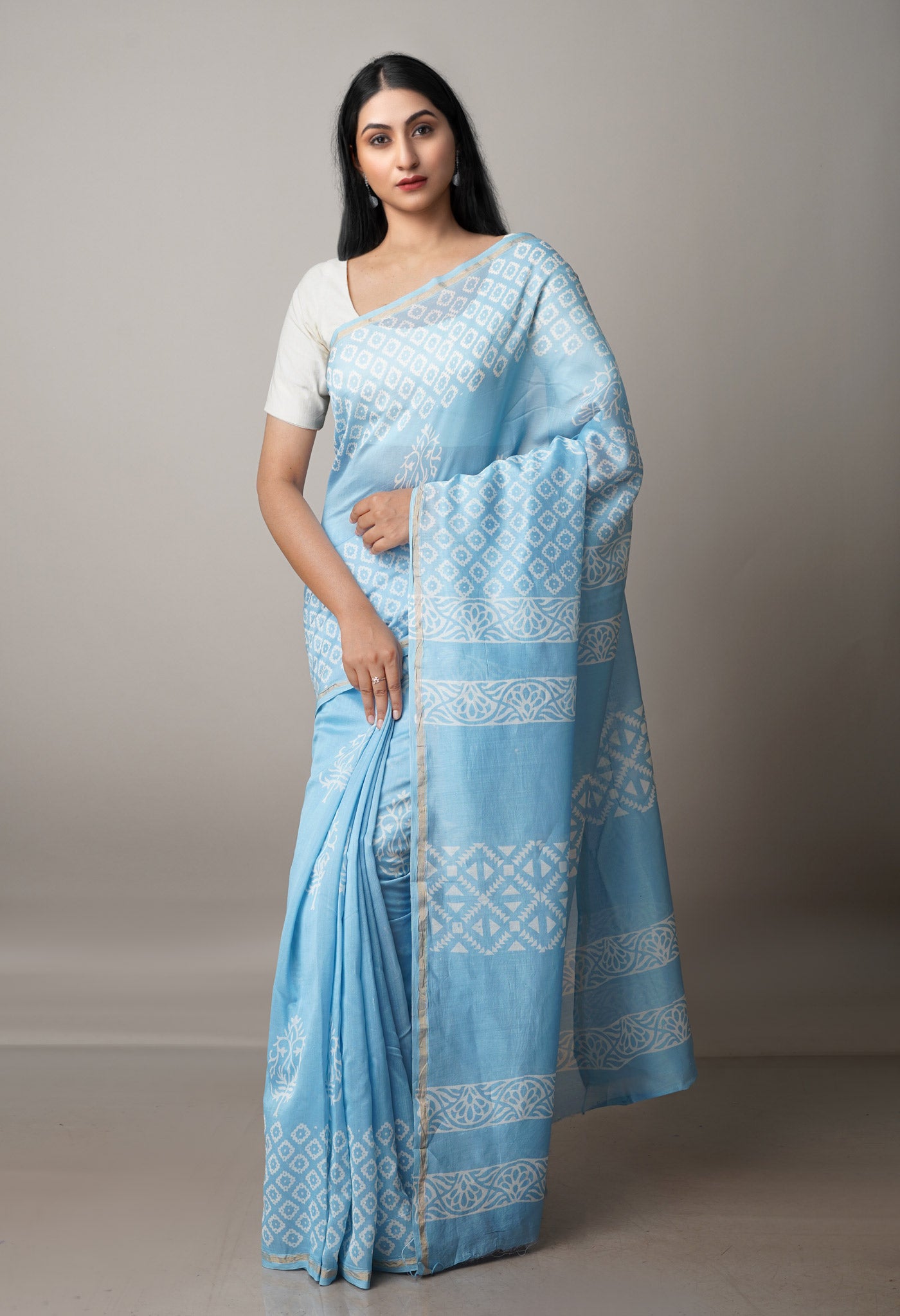 Light Blue Pure Block Printed Chanderi Sico Saree-UNM69996