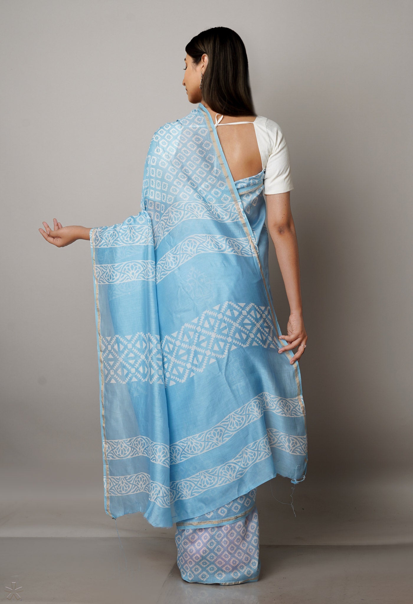 Light Blue Pure Block Printed Chanderi Sico Saree-UNM69996