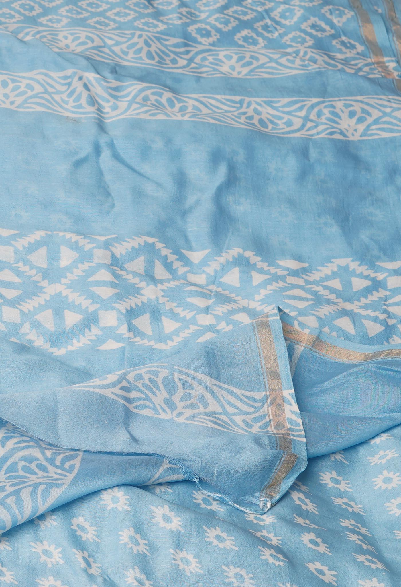 Light Blue Pure Block Printed Chanderi Sico Saree-UNM69996