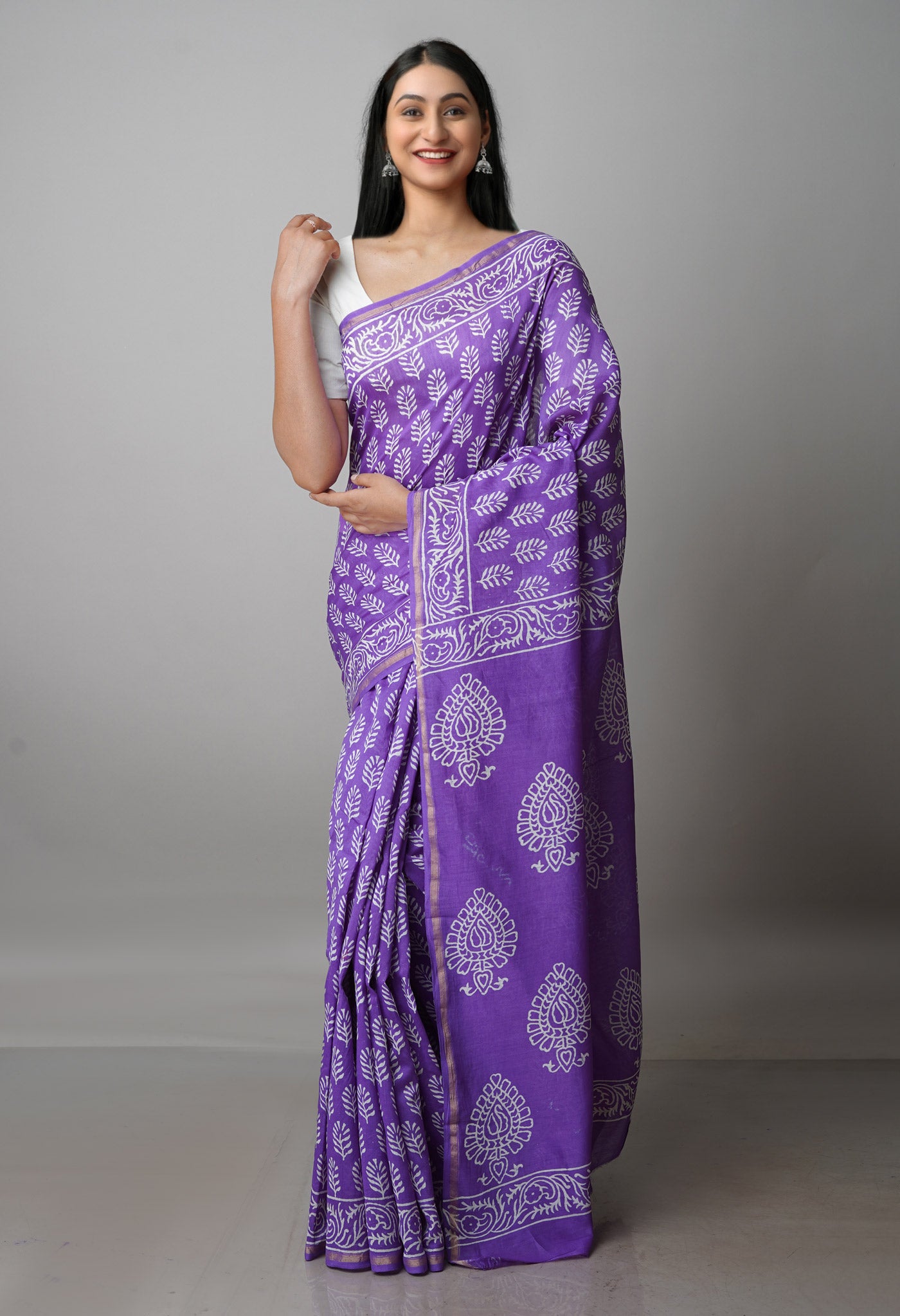 Violet Pure Block Printed Chanderi Sico Saree-UNM70004