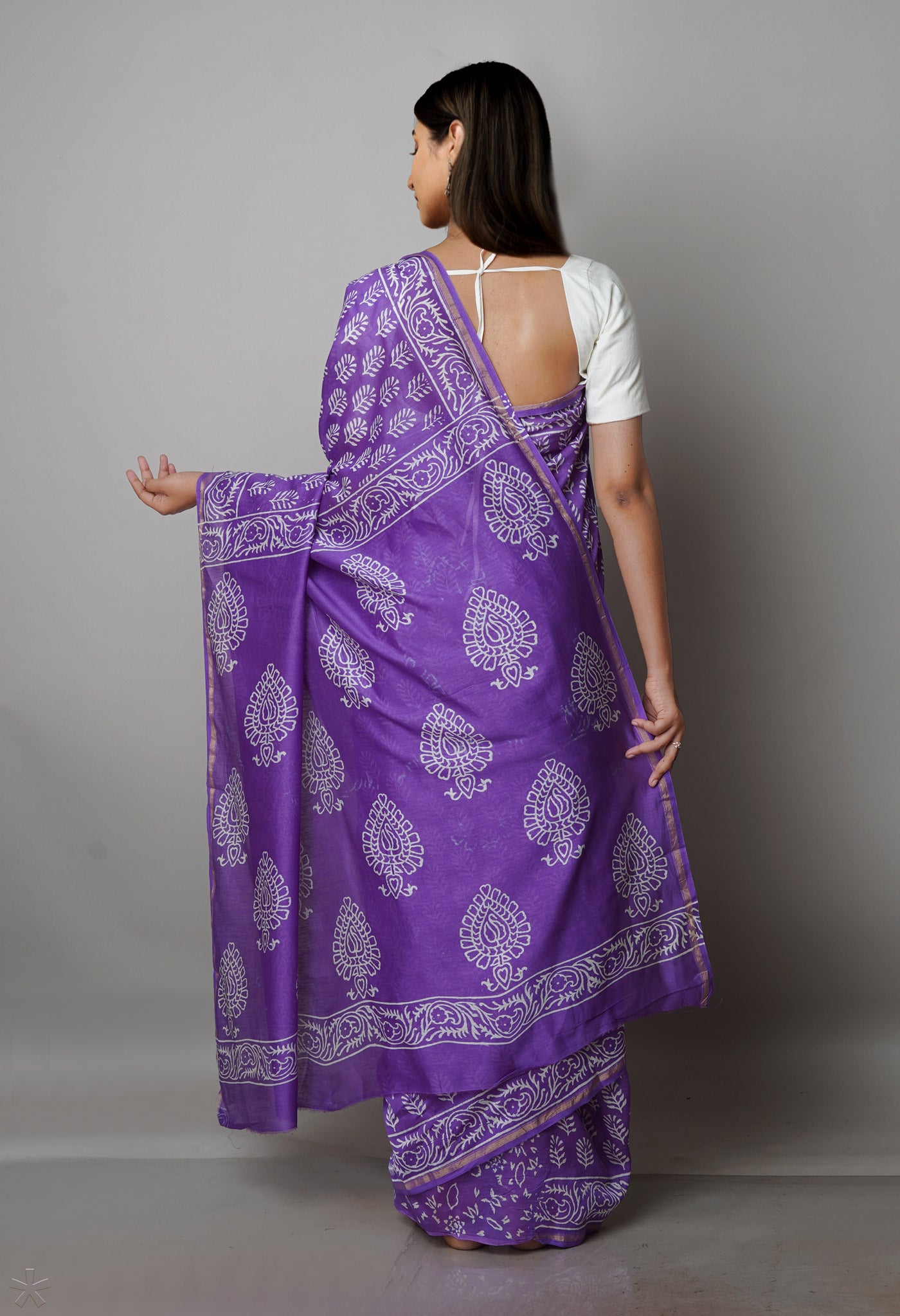 Violet Pure Block Printed Chanderi Sico Saree-UNM70004
