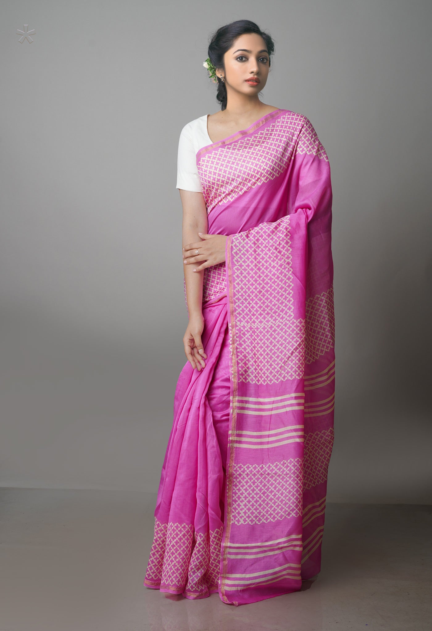 Pink Pure Block Printed Chanderi Sico Saree