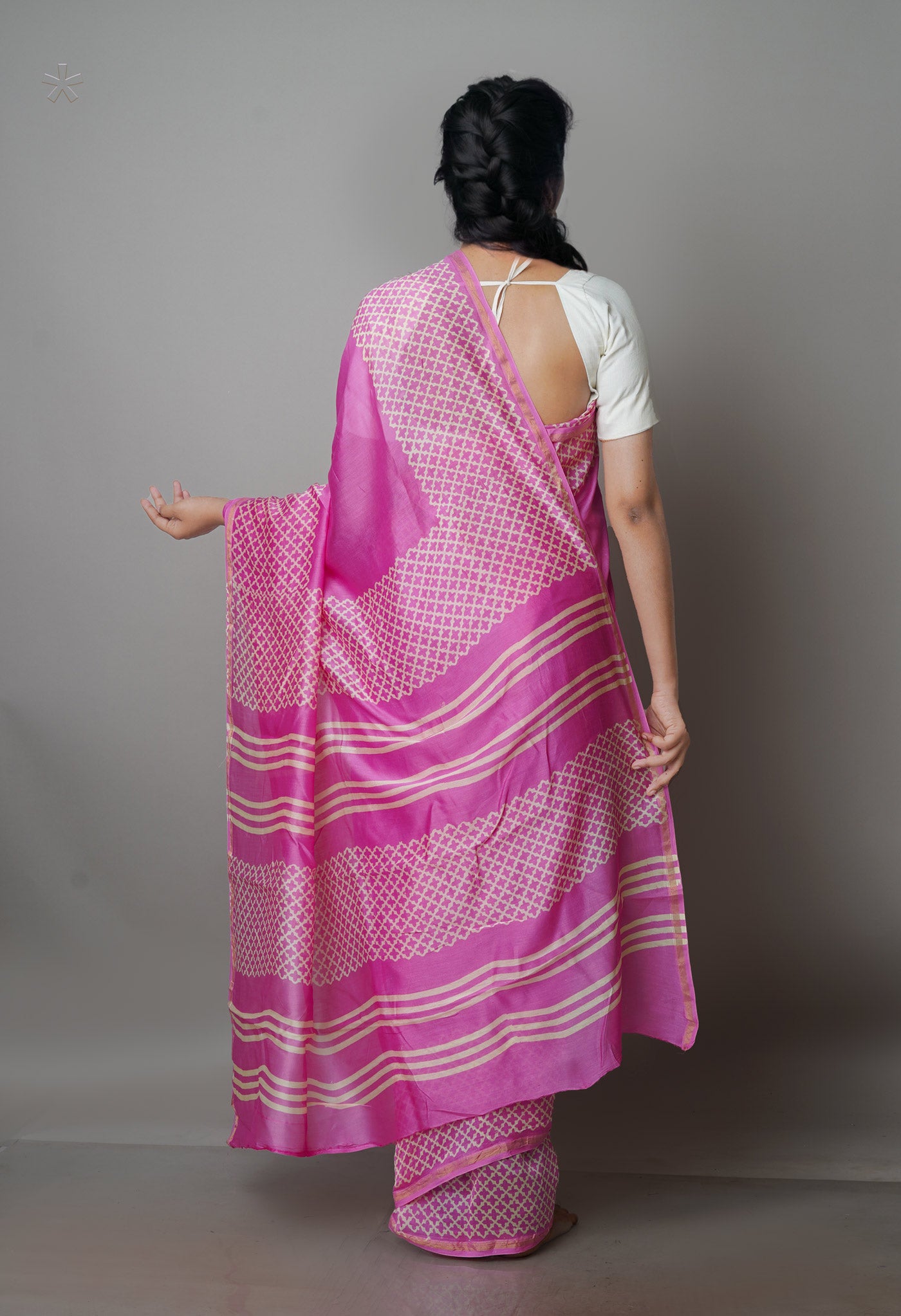 Pink Pure Block Printed Chanderi Sico Saree