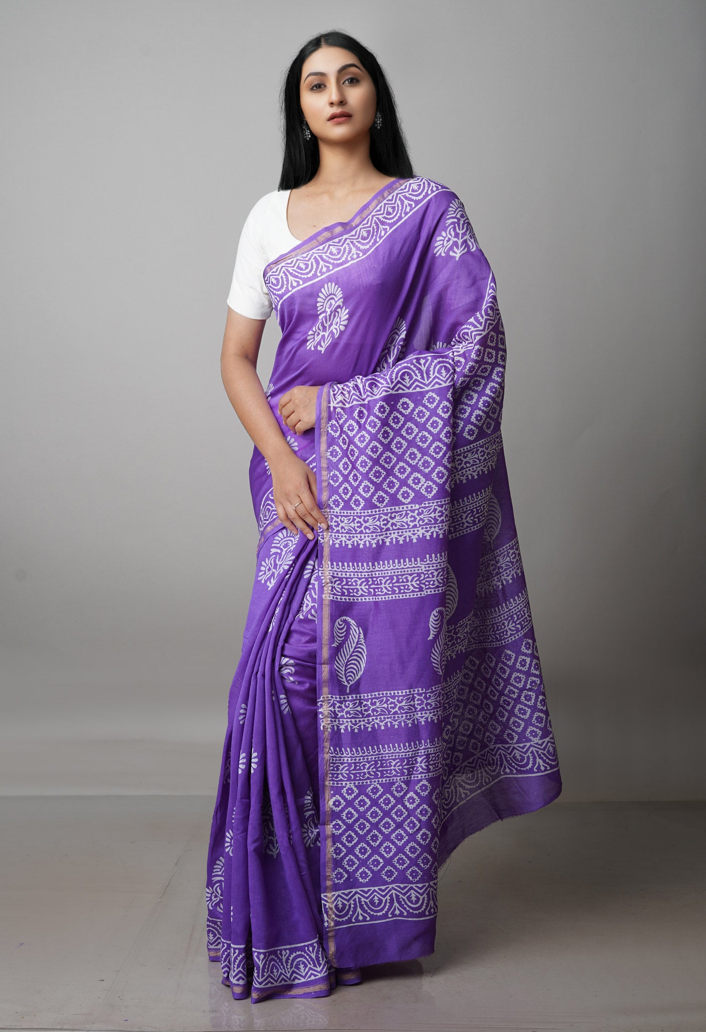 Violet Pure Block Printed Chanderi Sico Saree-UNM70016