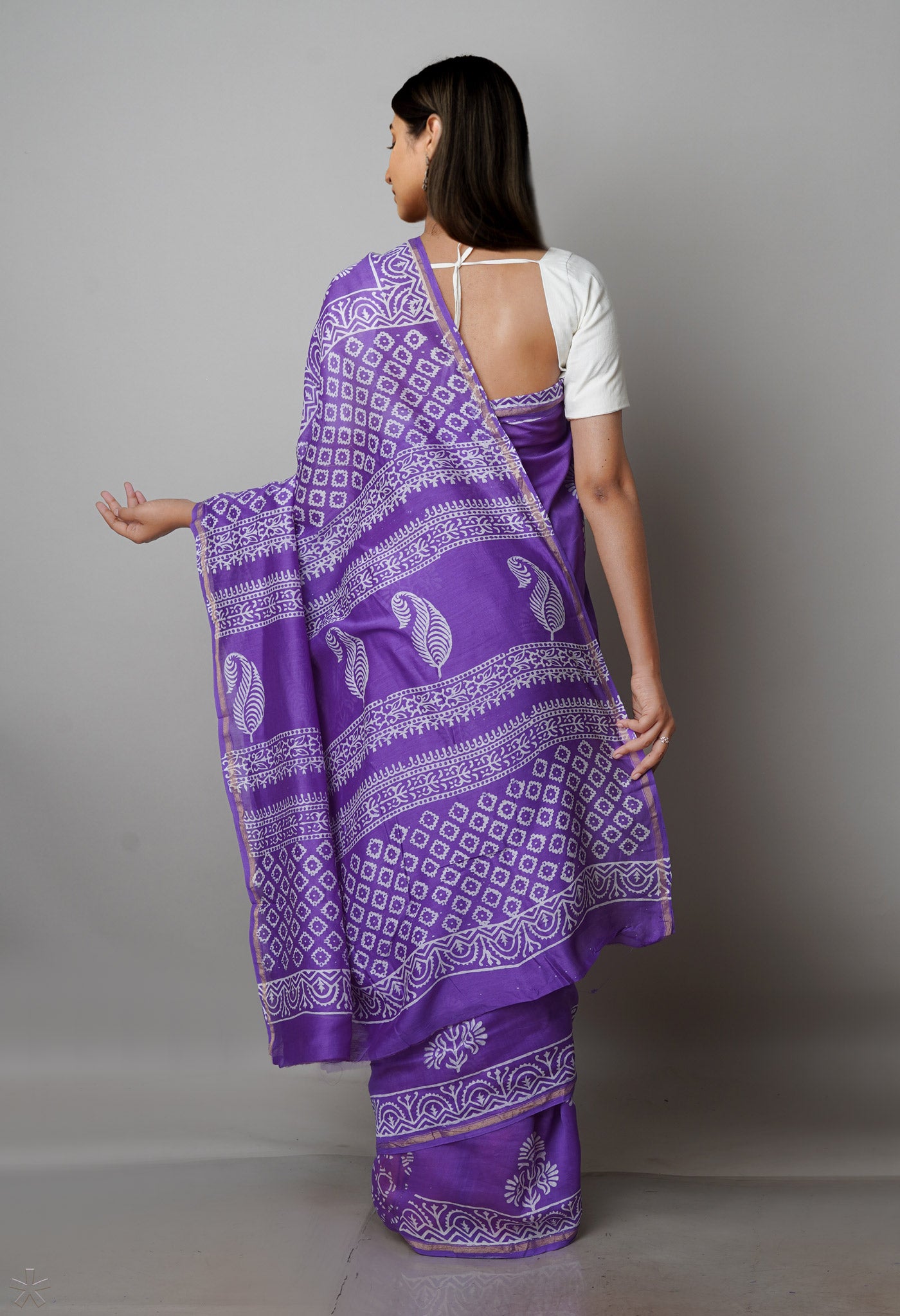 Violet Pure Block Printed Chanderi Sico Saree-UNM70016
