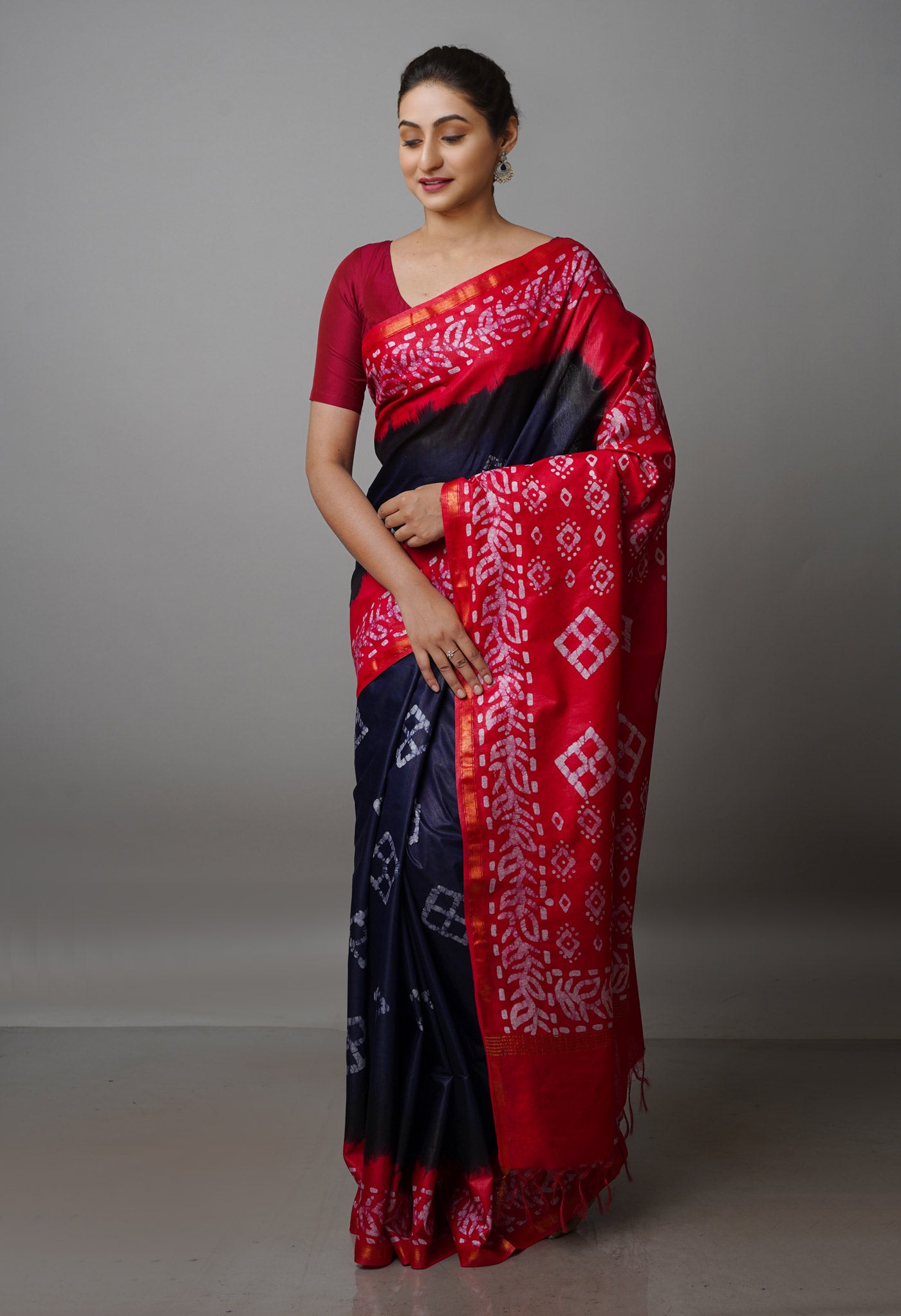 Navy Blue-Pink Pure Batik Chanderi Silk Saree-UNM70043