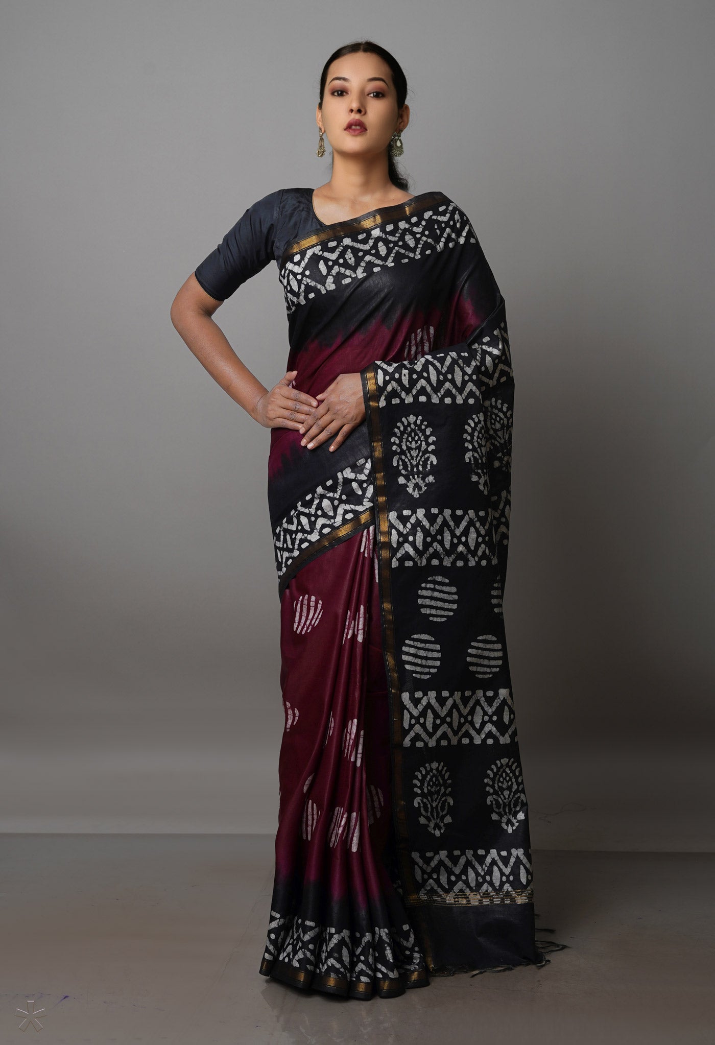 Burgundy-Black Pure Batik Chanderi Silk Saree-UNM70072