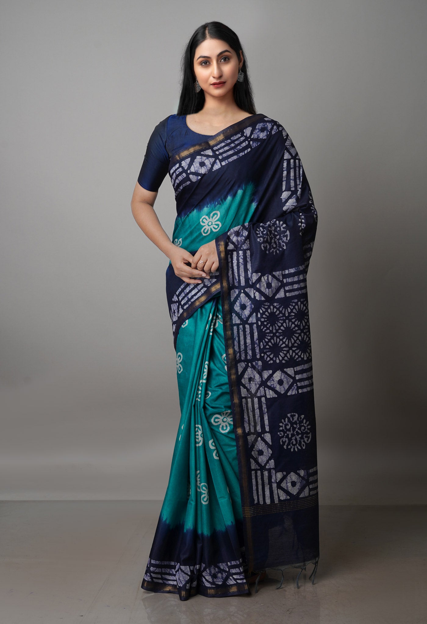 Sea GreenNavy Blue Pure Batik Chanderi Silk Saree-UNM70077