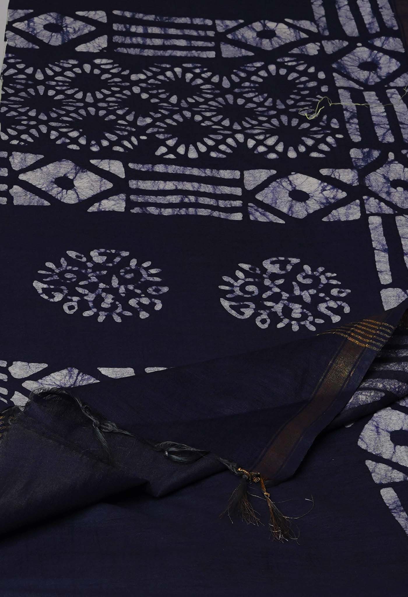 Sea GreenNavy Blue Pure Batik Chanderi Silk Saree-UNM70077