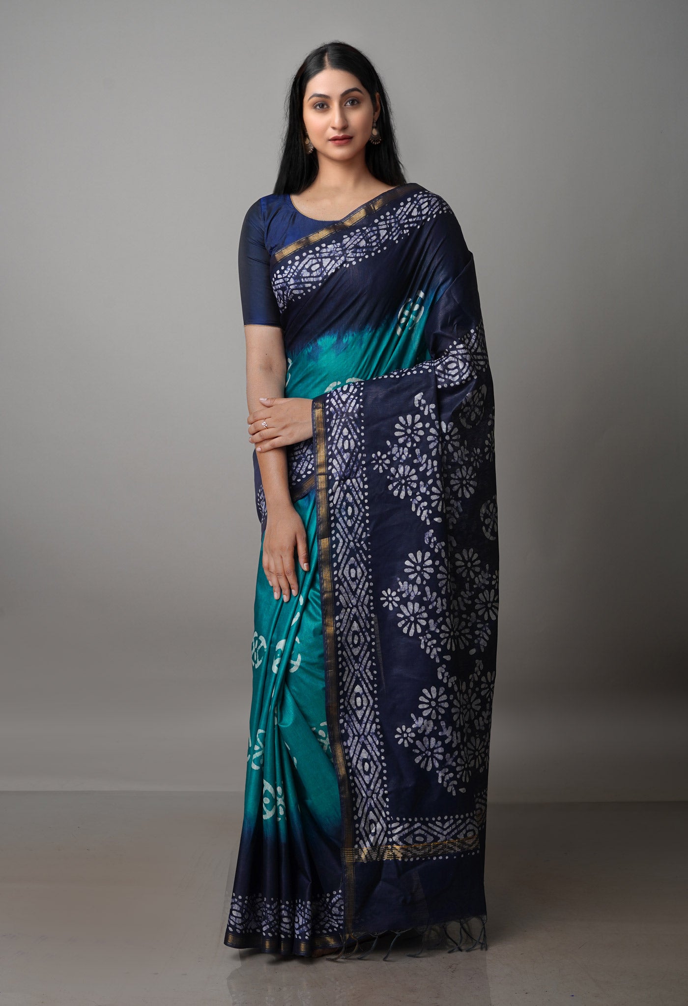 Sea GreenNavy Blue Pure Batik Chanderi Silk Saree-UNM70086