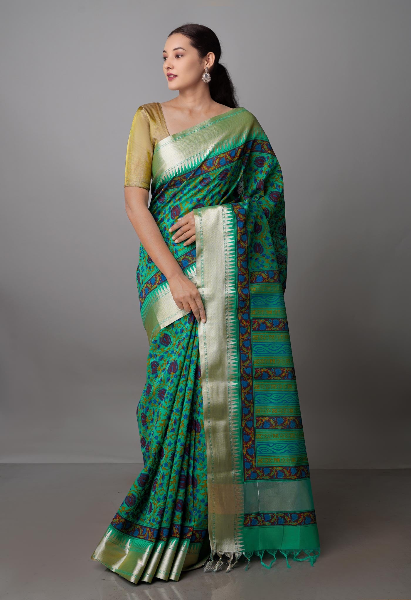 Sea Green Pure Handloom Chanderi Sico Saree-UNM70135