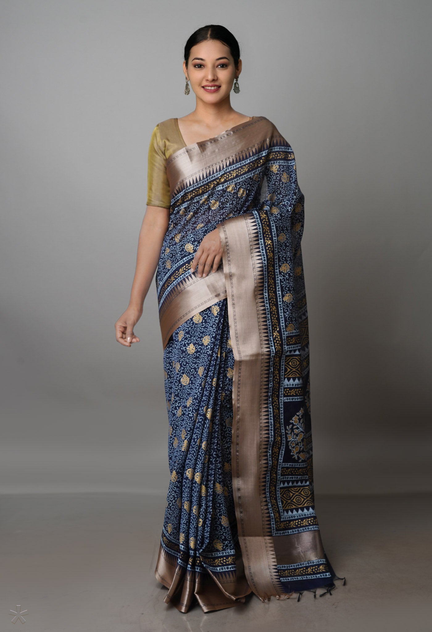 Denim Blue Pure Handloom Chanderi Sico Saree-UNM70138