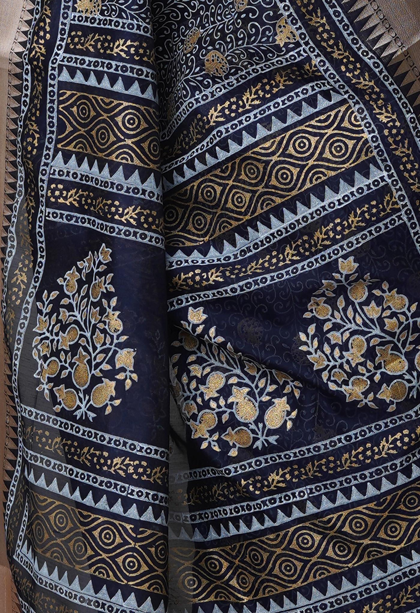 Denim Blue Pure Handloom Chanderi Sico Saree-UNM70138