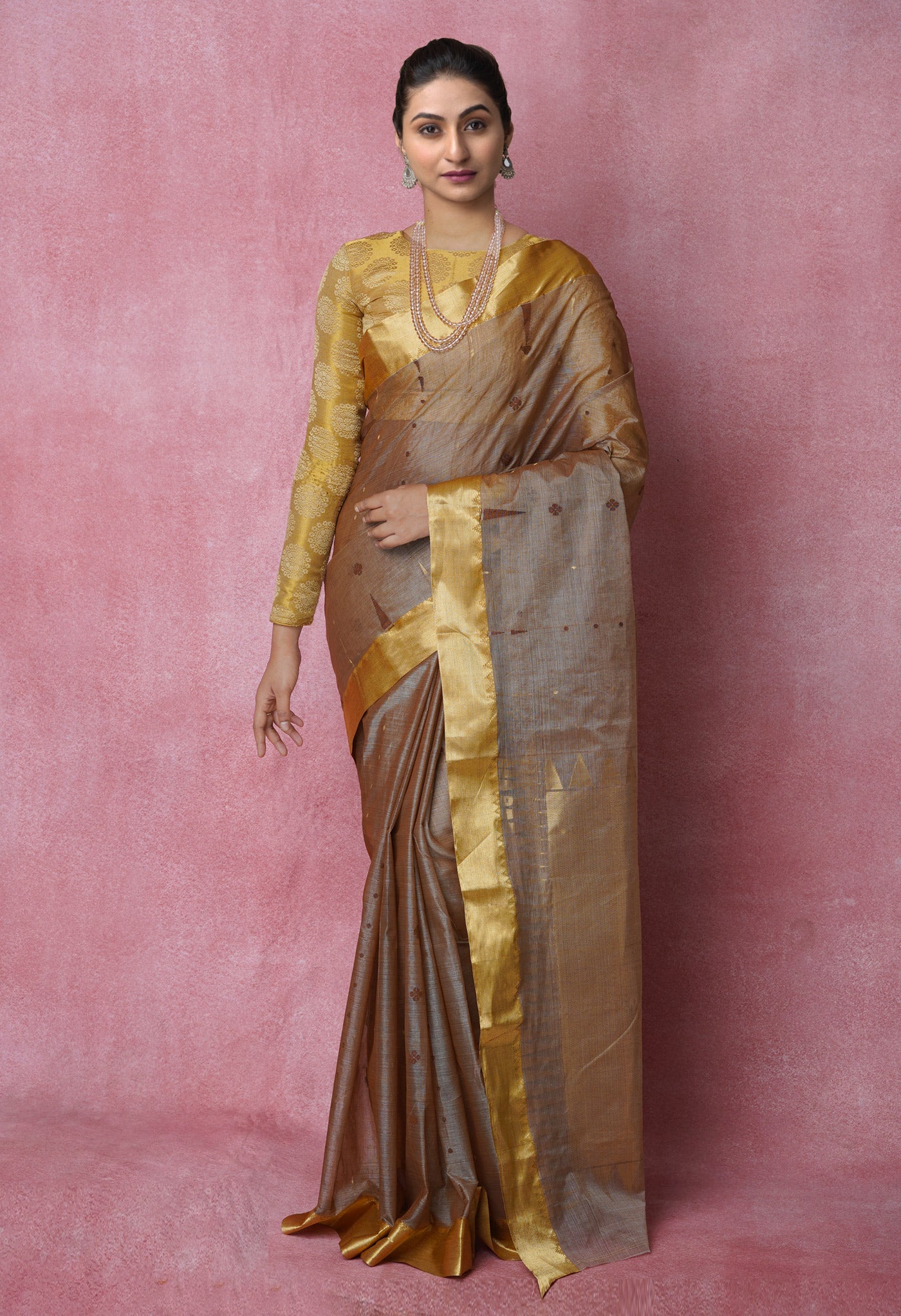 Light Brown Pure Handloom Tussar Jamdhani Bengal Cotton Saree-UNM70195