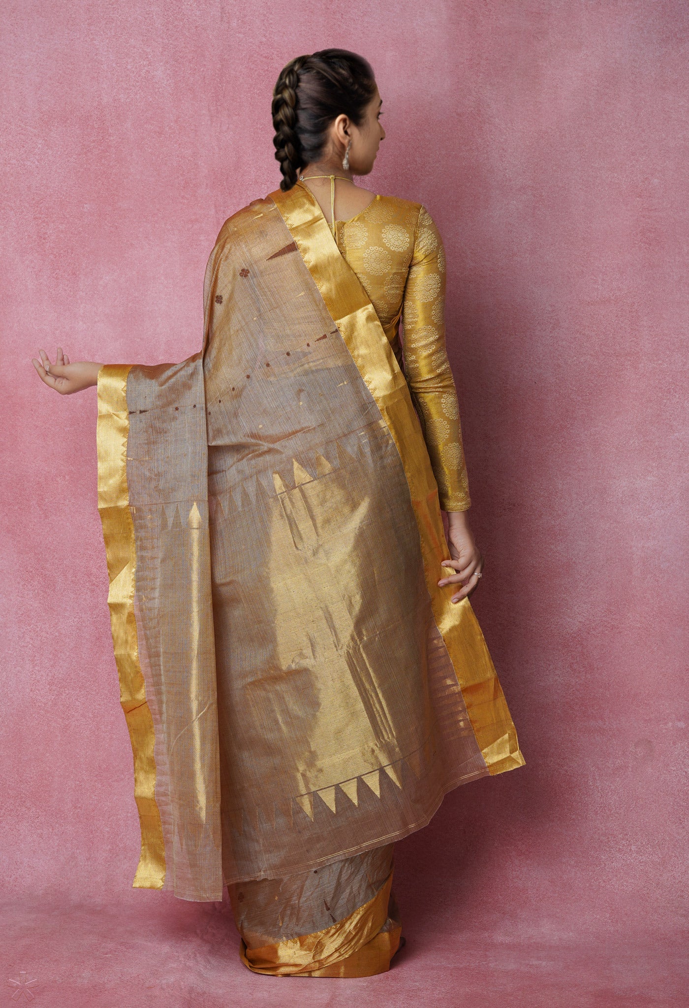 Light Brown Pure Handloom Tussar Jamdhani Bengal Cotton Saree-UNM70195
