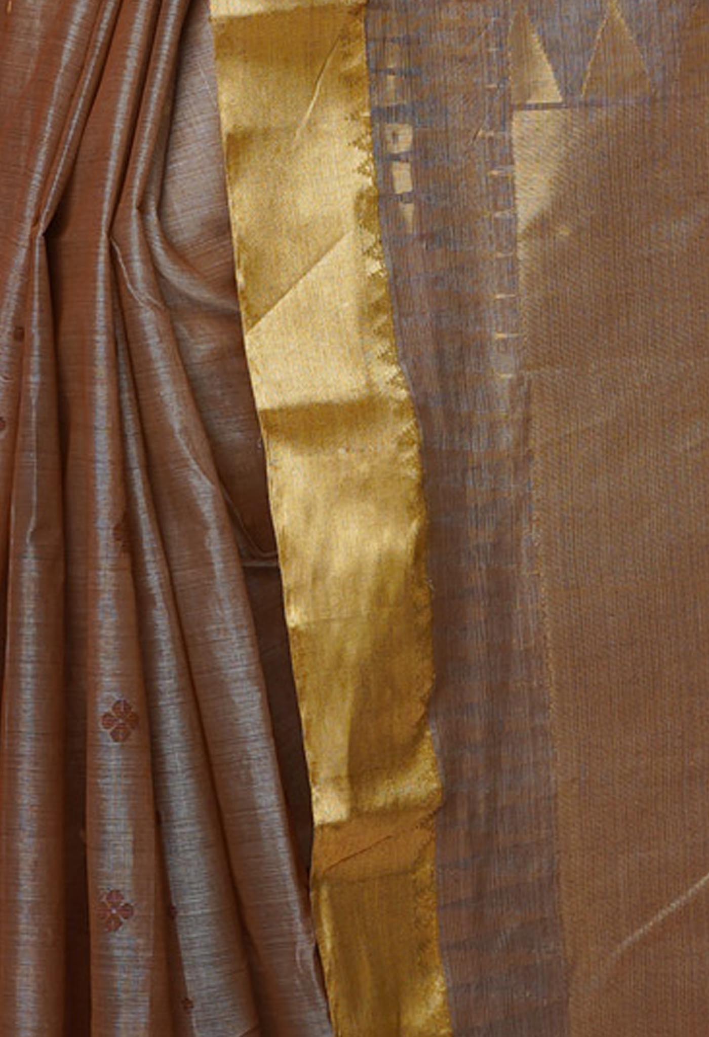 Light Brown Pure Handloom Tussar Jamdhani Bengal Cotton Saree-UNM70195