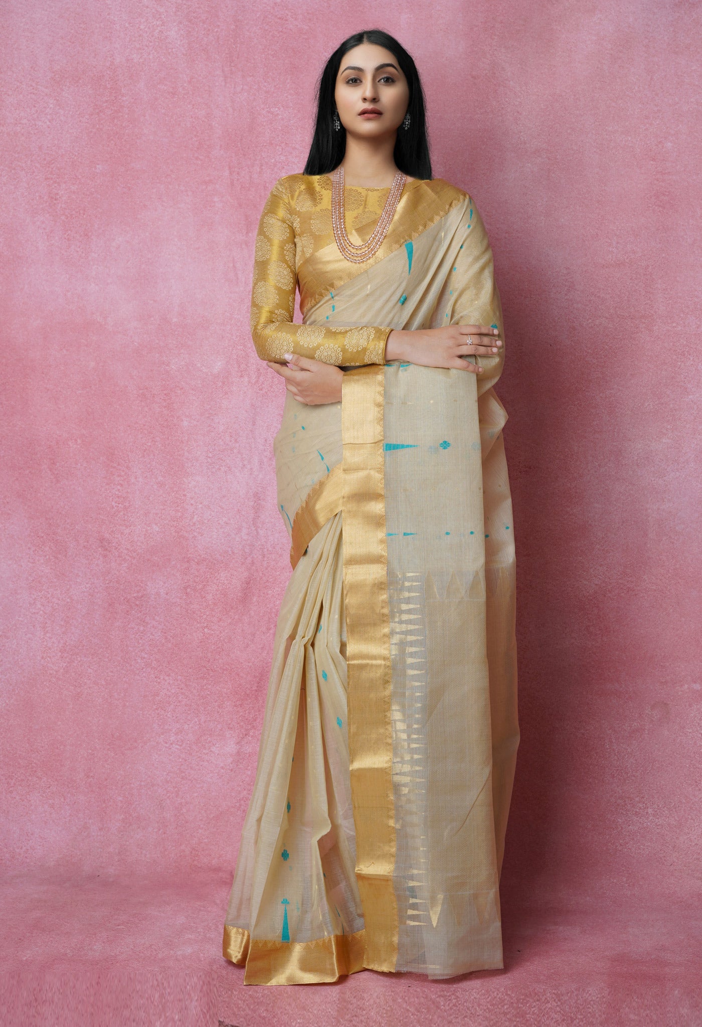 Beige Pure Handloom Tussar Jamdhani Bengal Cotton Saree-UNM70198