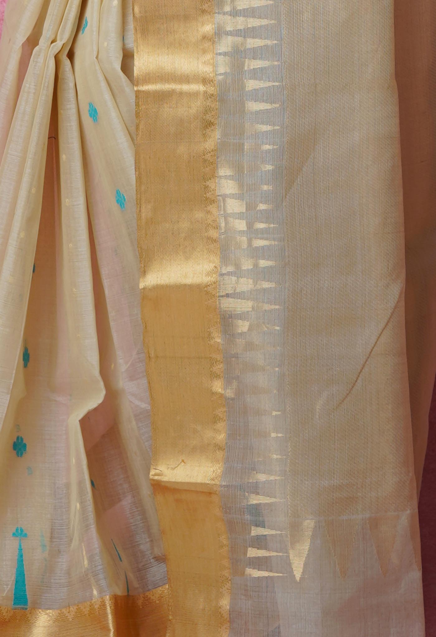 Beige Pure Handloom Tussar Jamdhani Bengal Cotton Saree-UNM70198