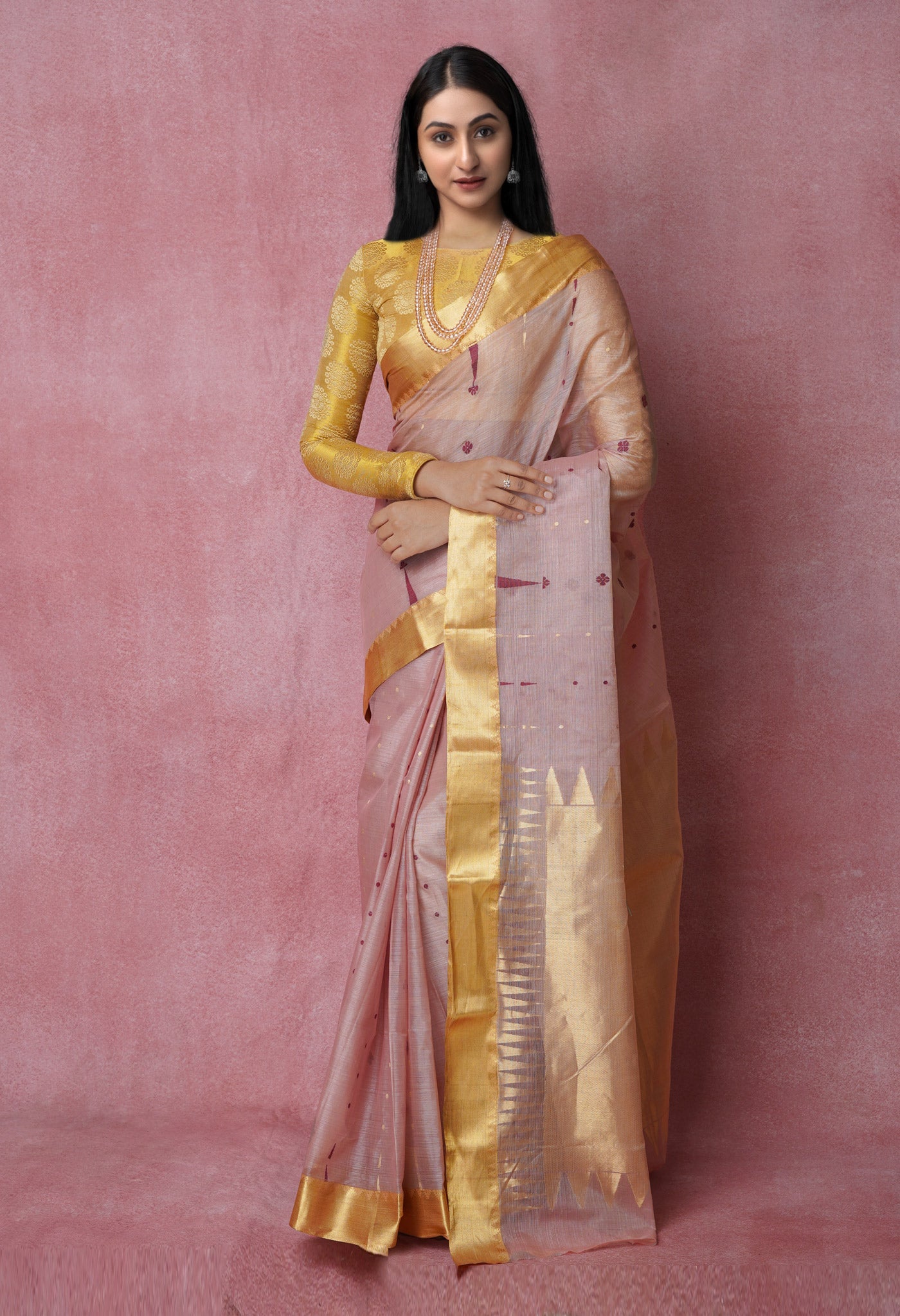 Peach Pink Pure Handloom Tussar Jamdhani Bengal Cotton Saree-UNM70199