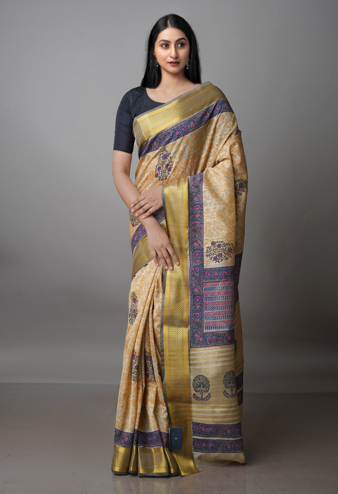 Cream Pure Handloom Bengal Tussar Silk Saree-UNM70204