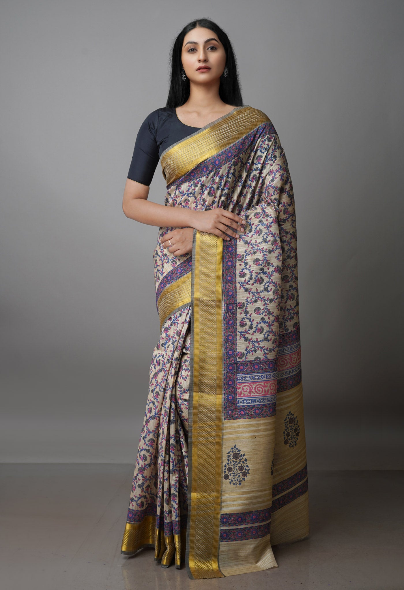 Cream Pure Handloom Bengal Tussar Silk Saree-UNM70210