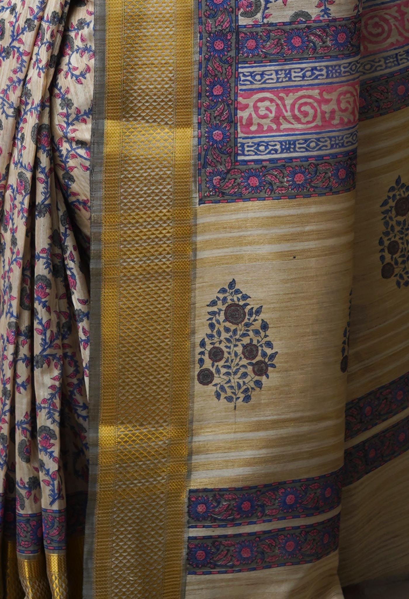 Cream Pure Handloom Bengal Tussar Silk Saree-UNM70210