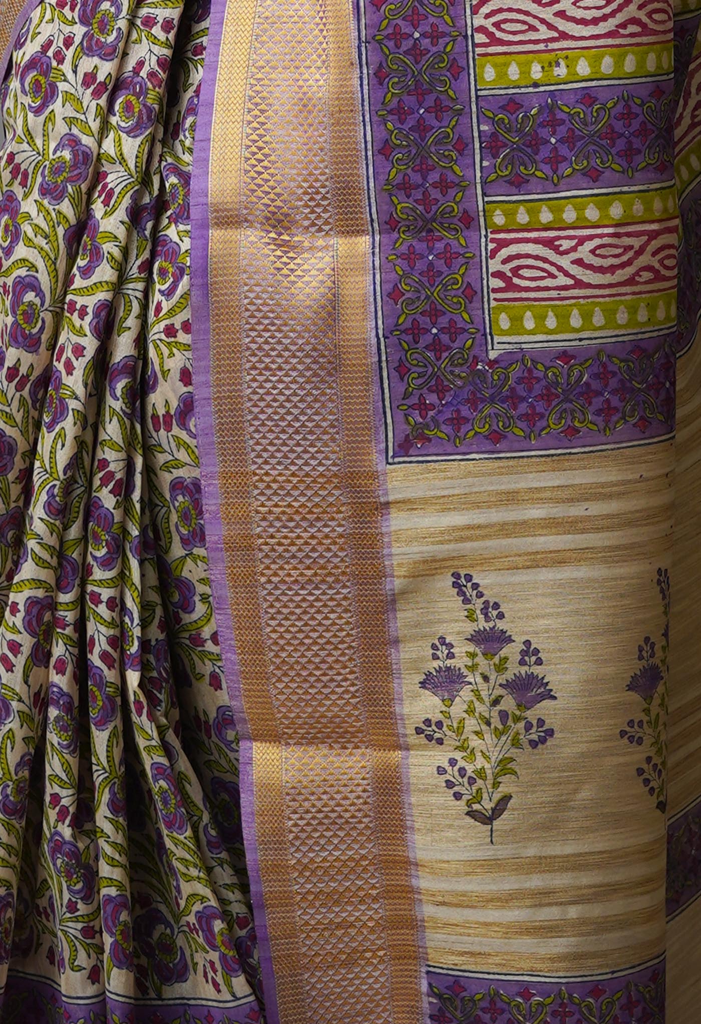 Cream Pure Handloom Bengal Tussar Silk Saree