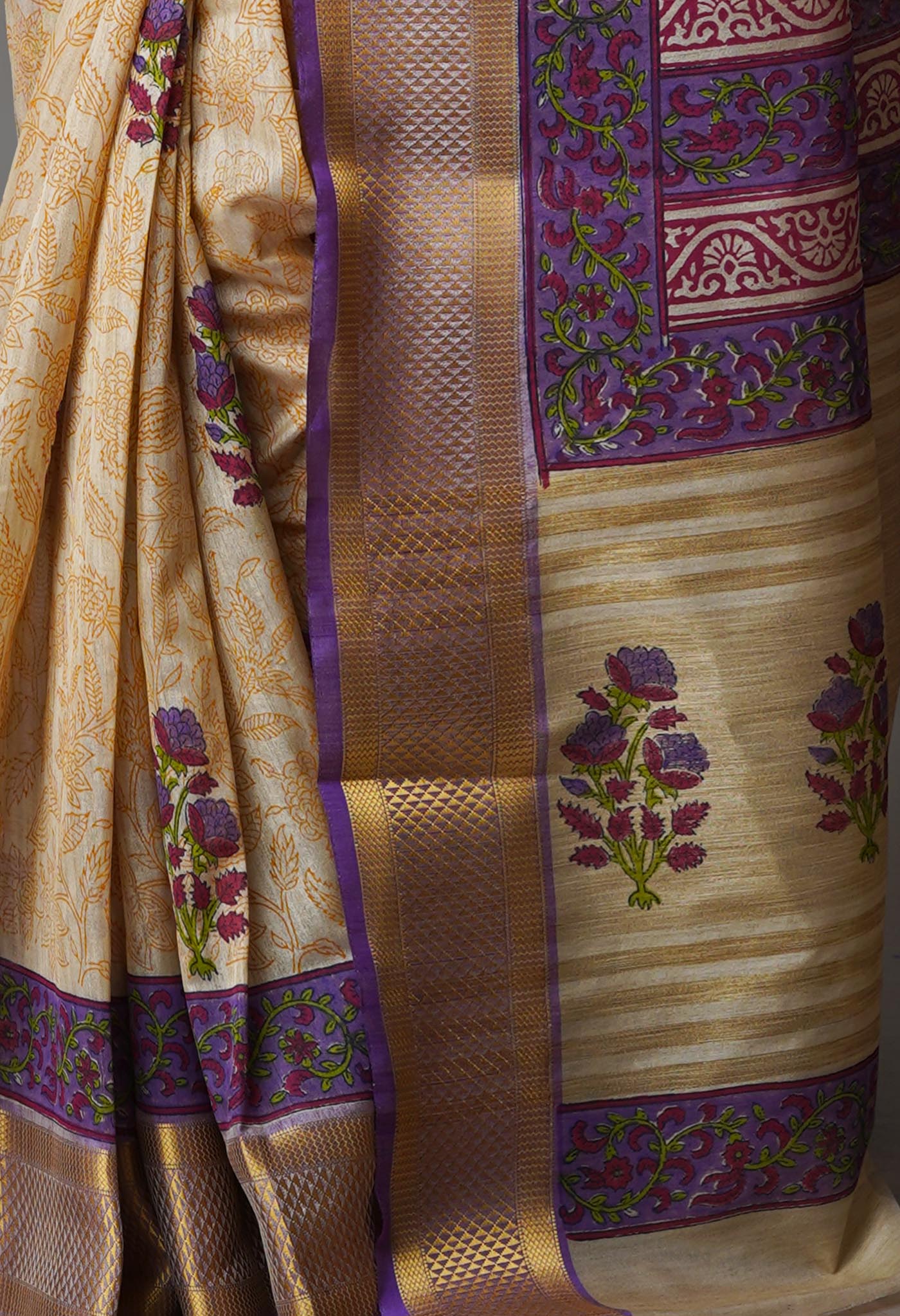 Cream Pure Handloom Bengal Tussar Silk Saree-UNM70215