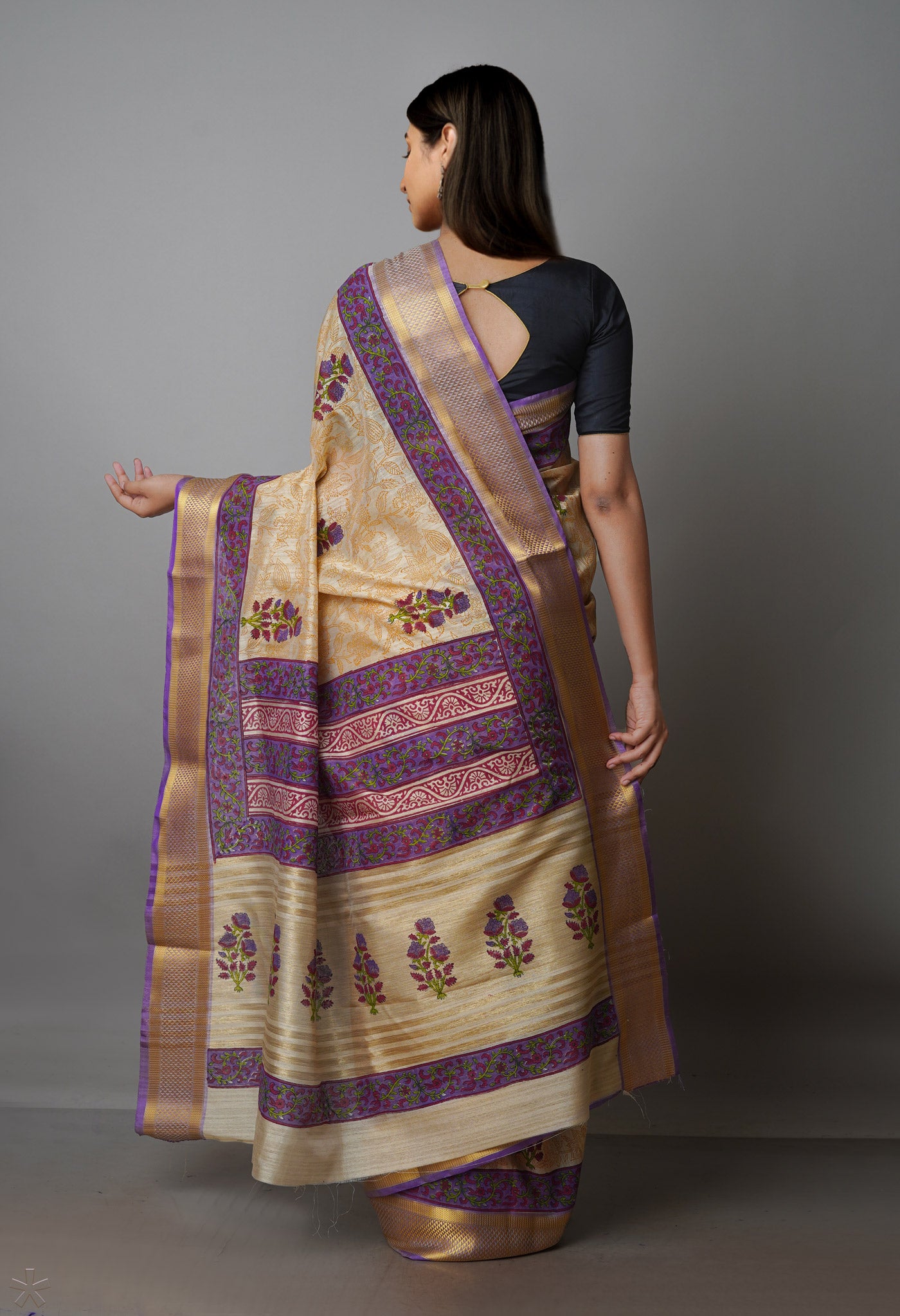 Cream Pure Handloom Bengal Tussar Silk Saree-UNM70215