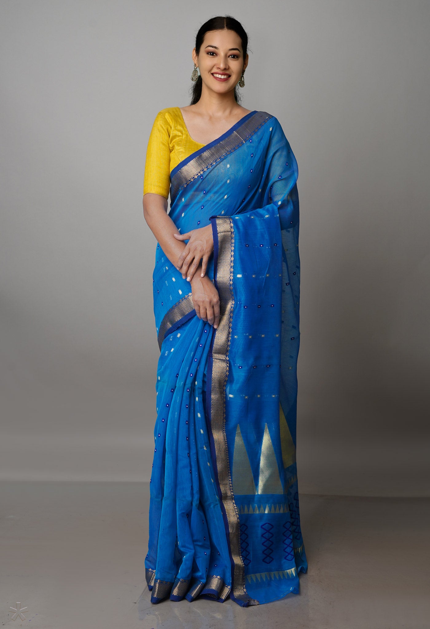 Blue Pure Handloom Dhakai Jamdhani Cotton Silk Saree-UNM70228