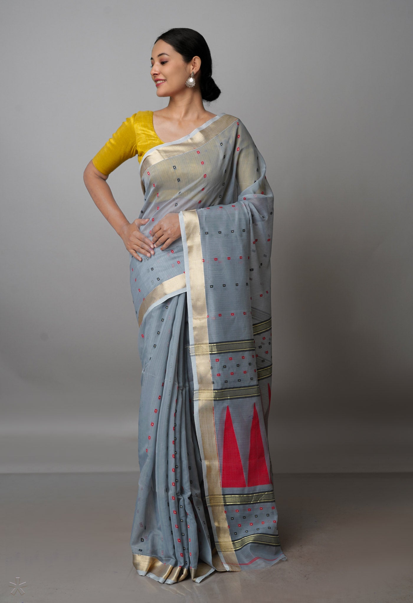 Grey Pure Handloom Dhakai Jamdhani Cotton Silk Saree