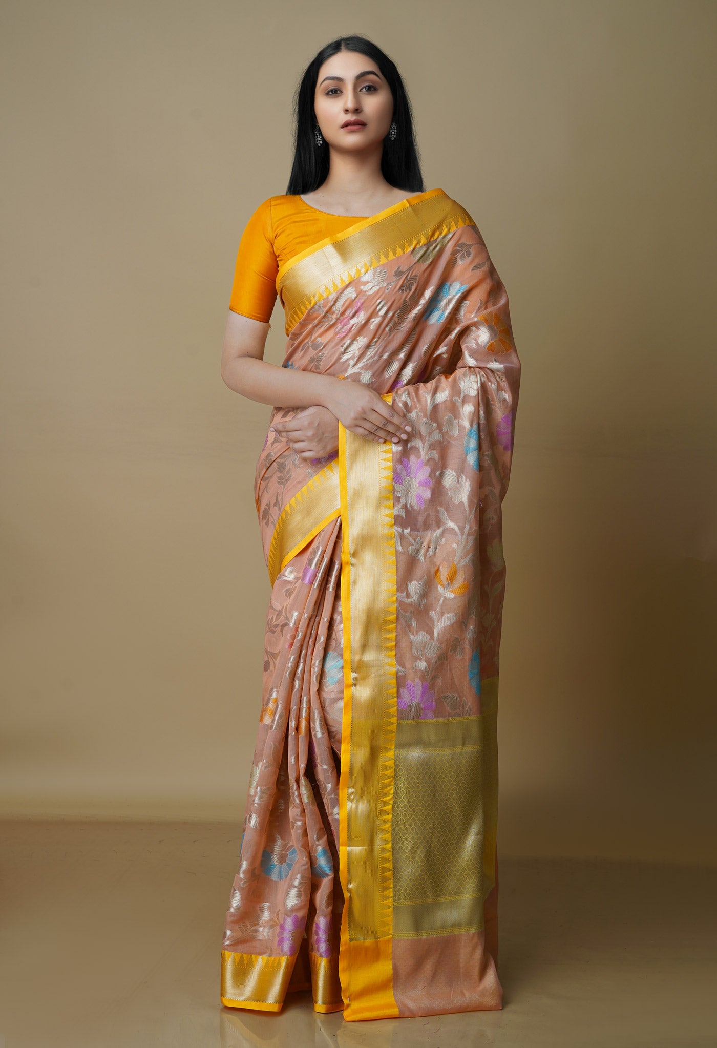 Peach Orange fancy Banarasi Silk Saree-UNM70291