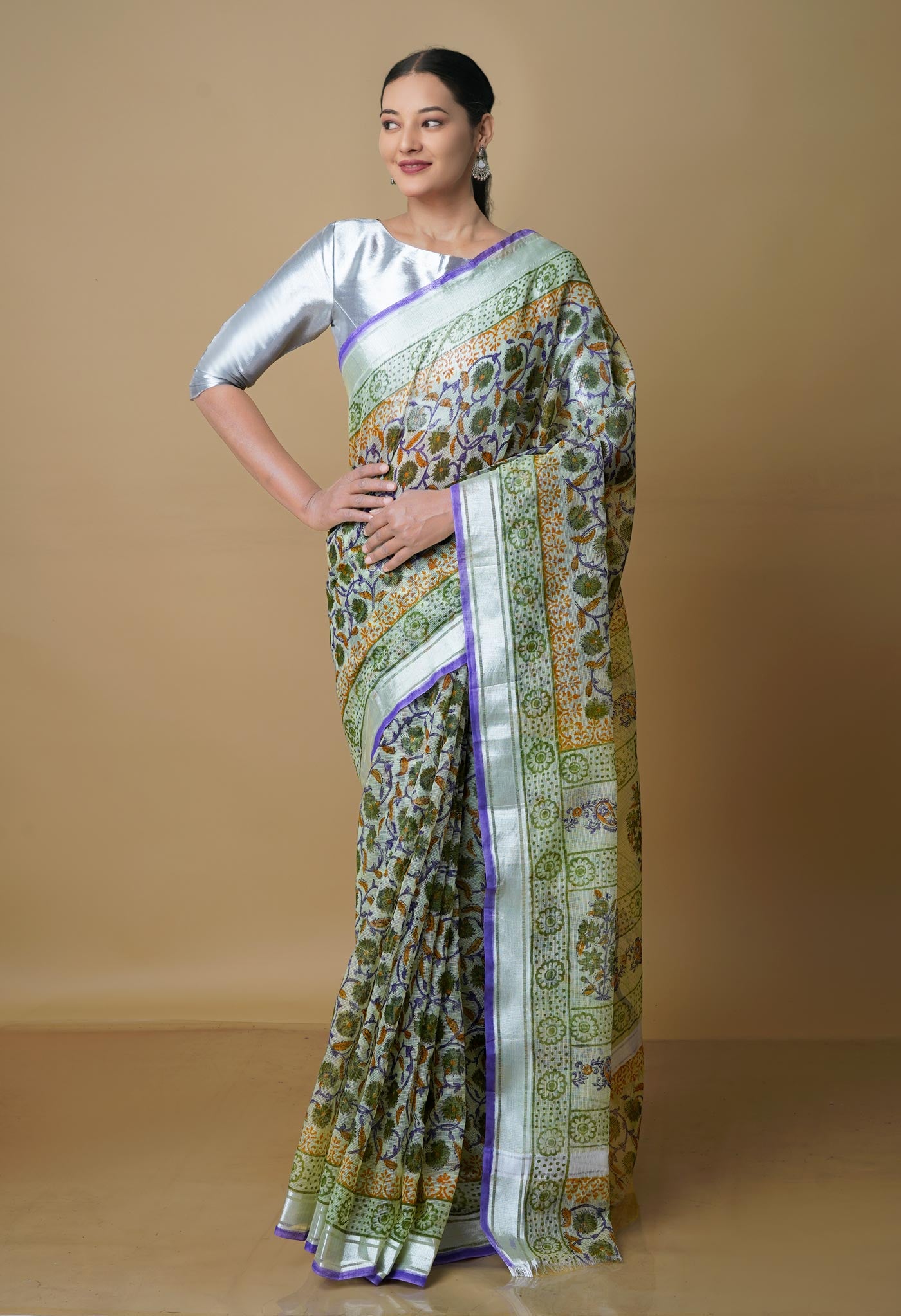 Cream Pure Kota Block Printed Cotton Saree-UNM70330