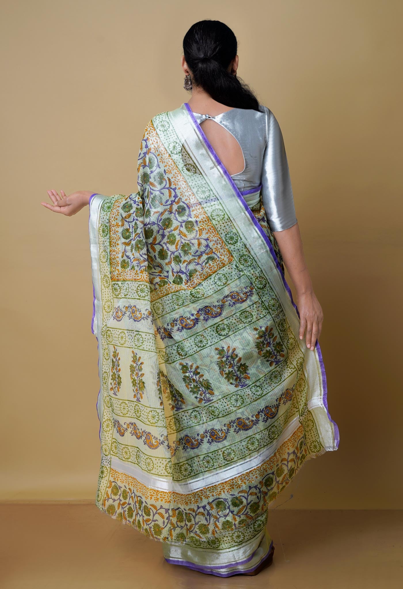 Cream Pure Kota Block Printed Cotton Saree-UNM70330